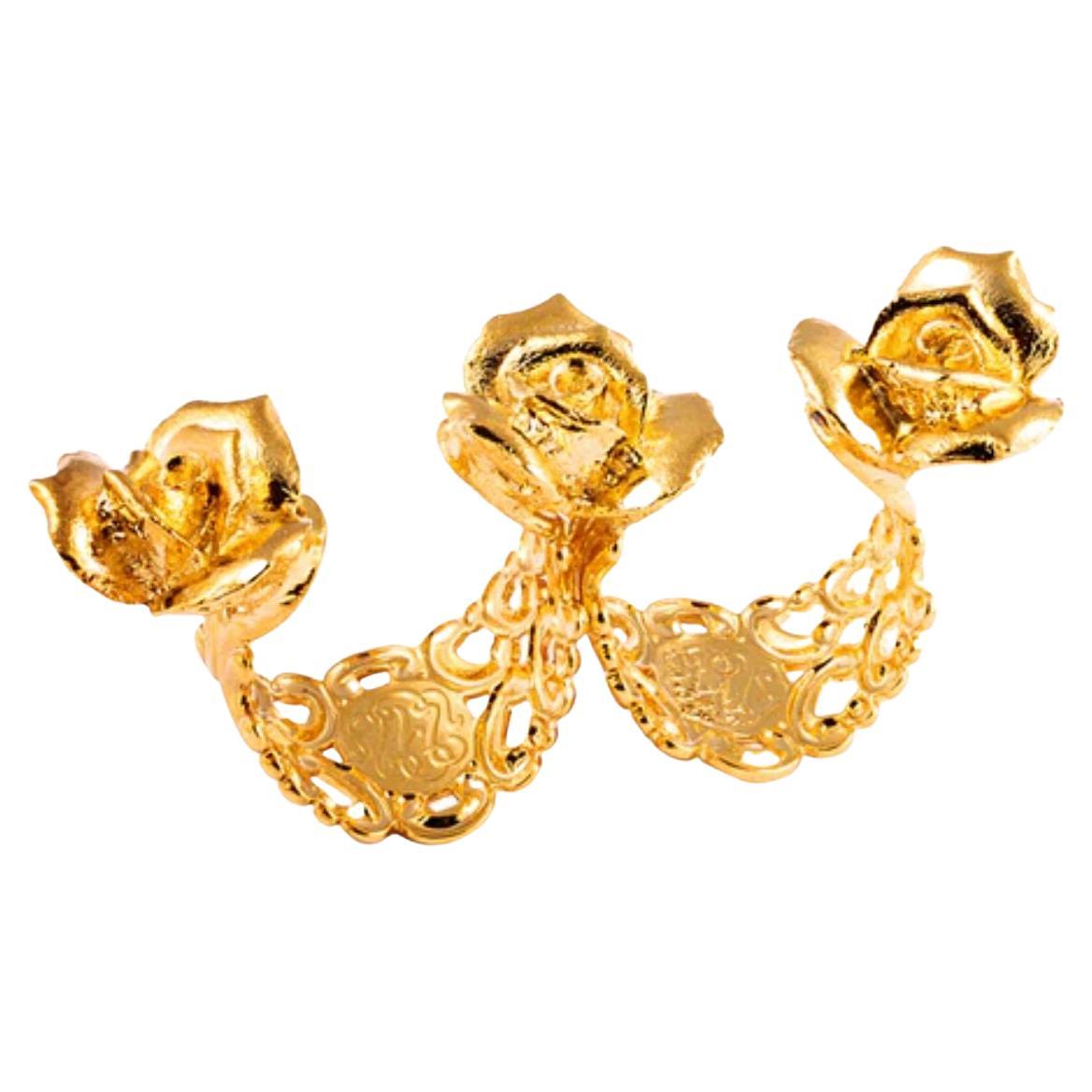 Triple Rosette Double-Knuckle Ring in Yellow Plated For Sale