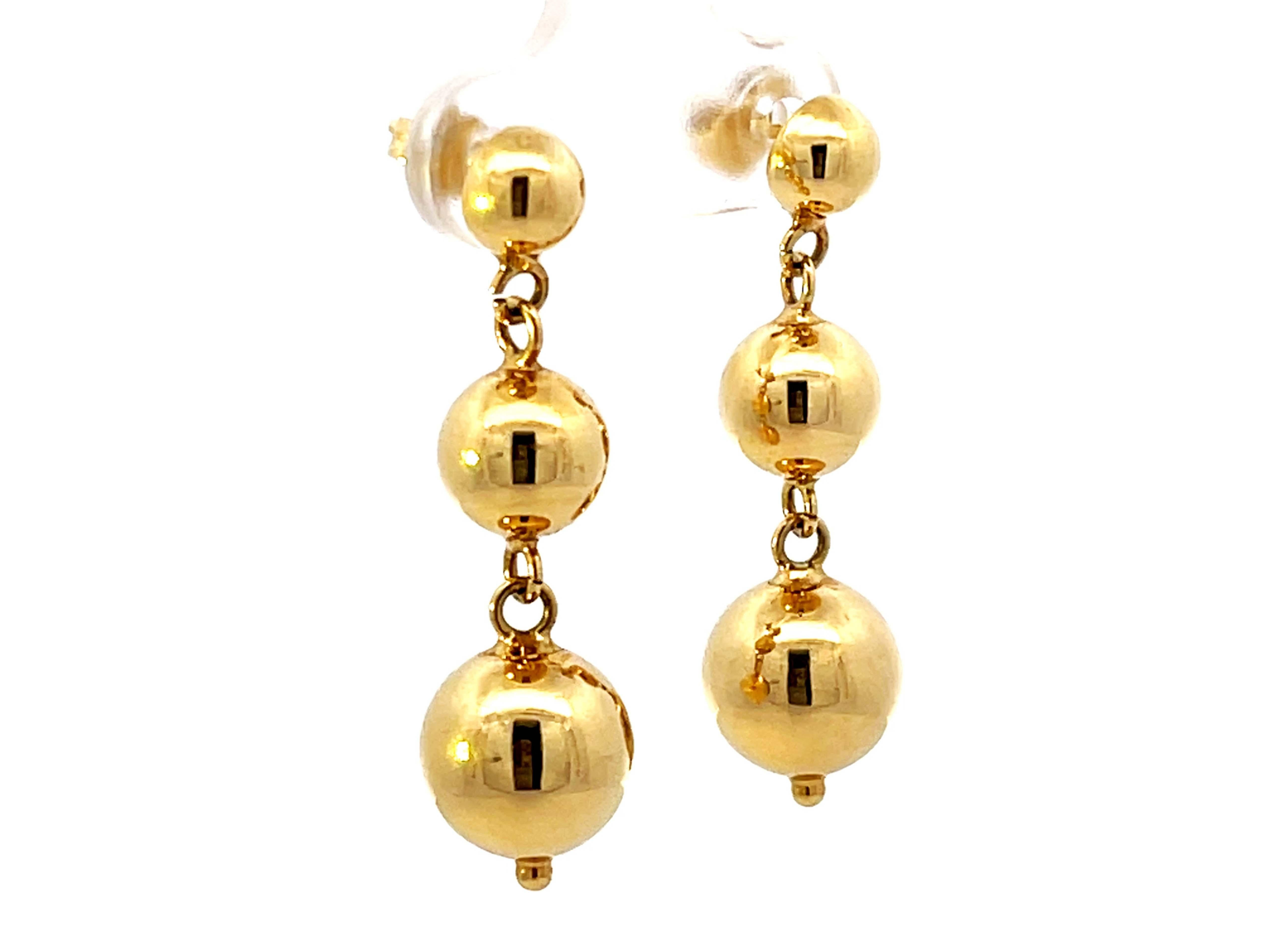 Modern Triple Round Bead Drop Dangly 18k Solid Gold Earrings For Sale