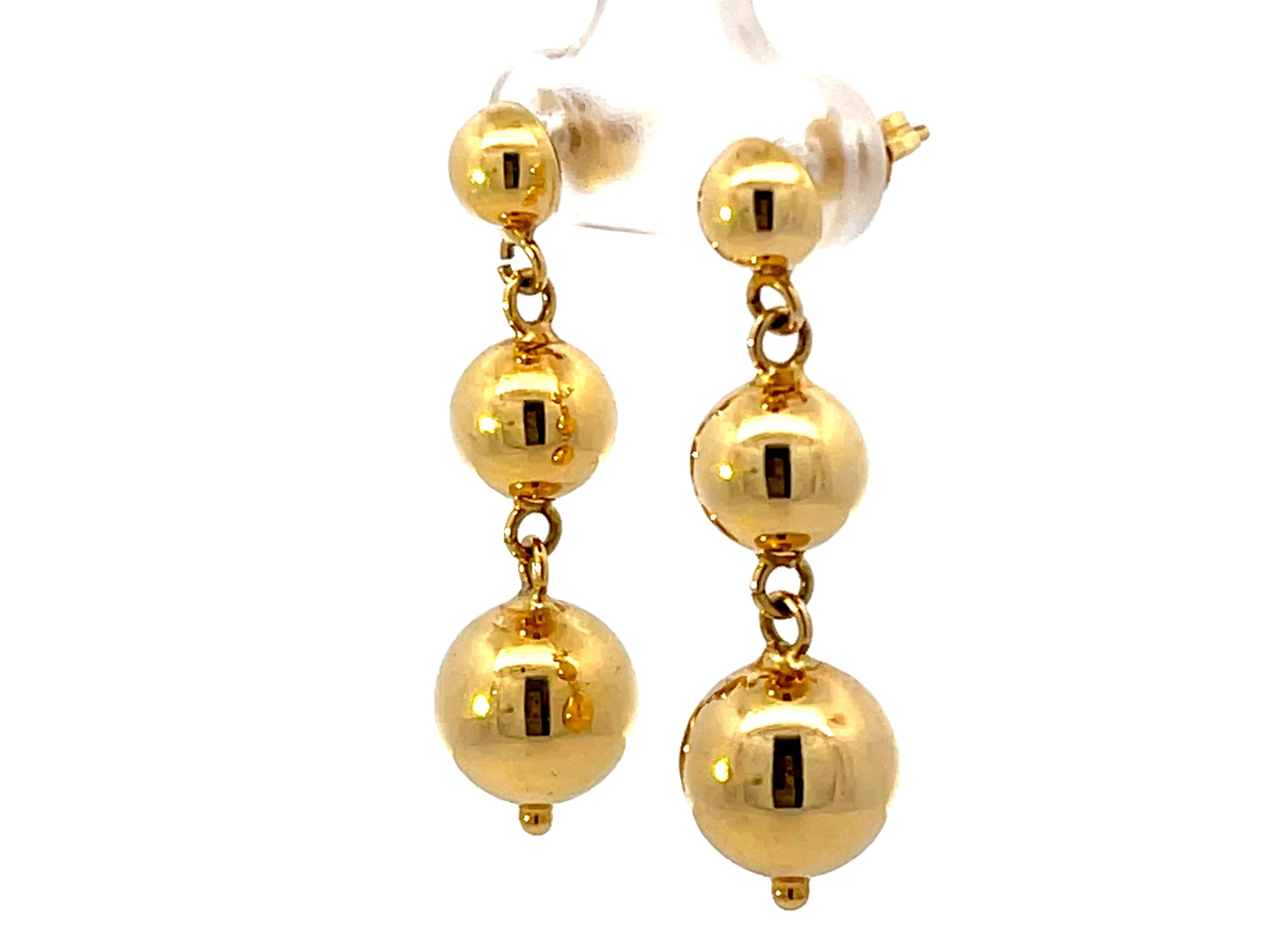 Triple Round Bead Drop Dangly 18k Solid Gold Earrings In New Condition For Sale In Honolulu, HI