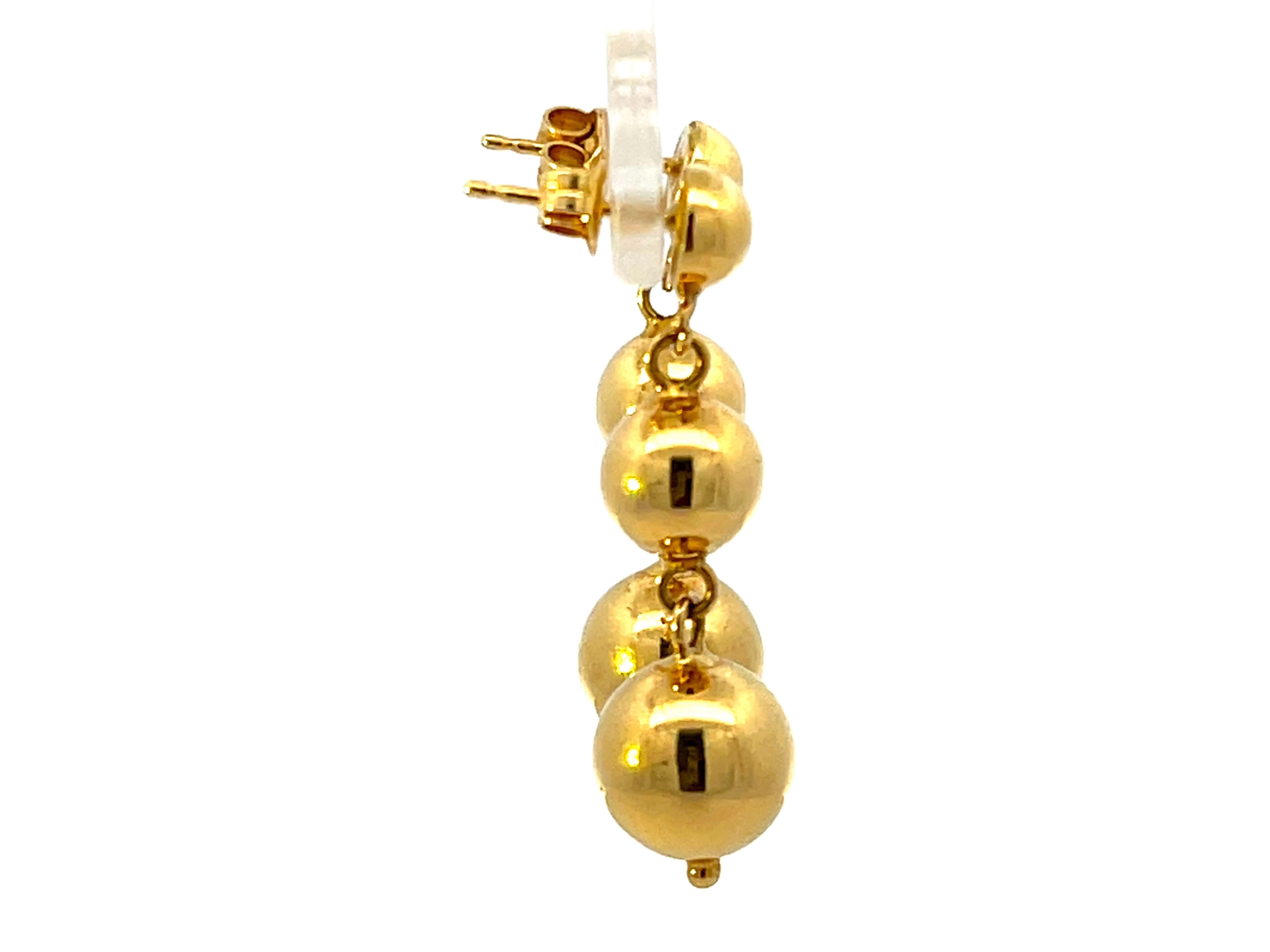 Women's Triple Round Bead Drop Dangly 18k Solid Gold Earrings For Sale