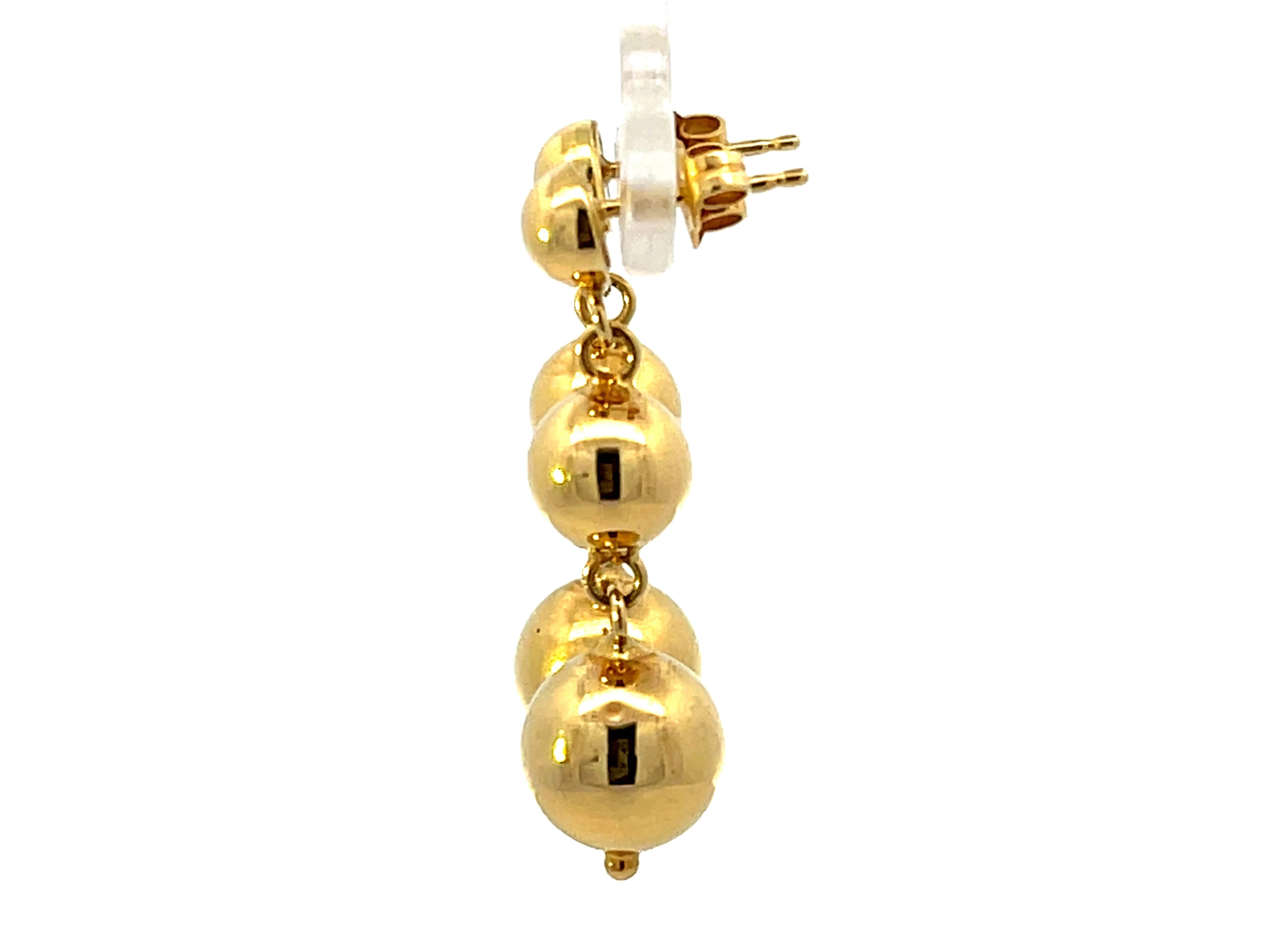 Triple Round Bead Drop Dangly 18k Solid Gold Earrings For Sale 1