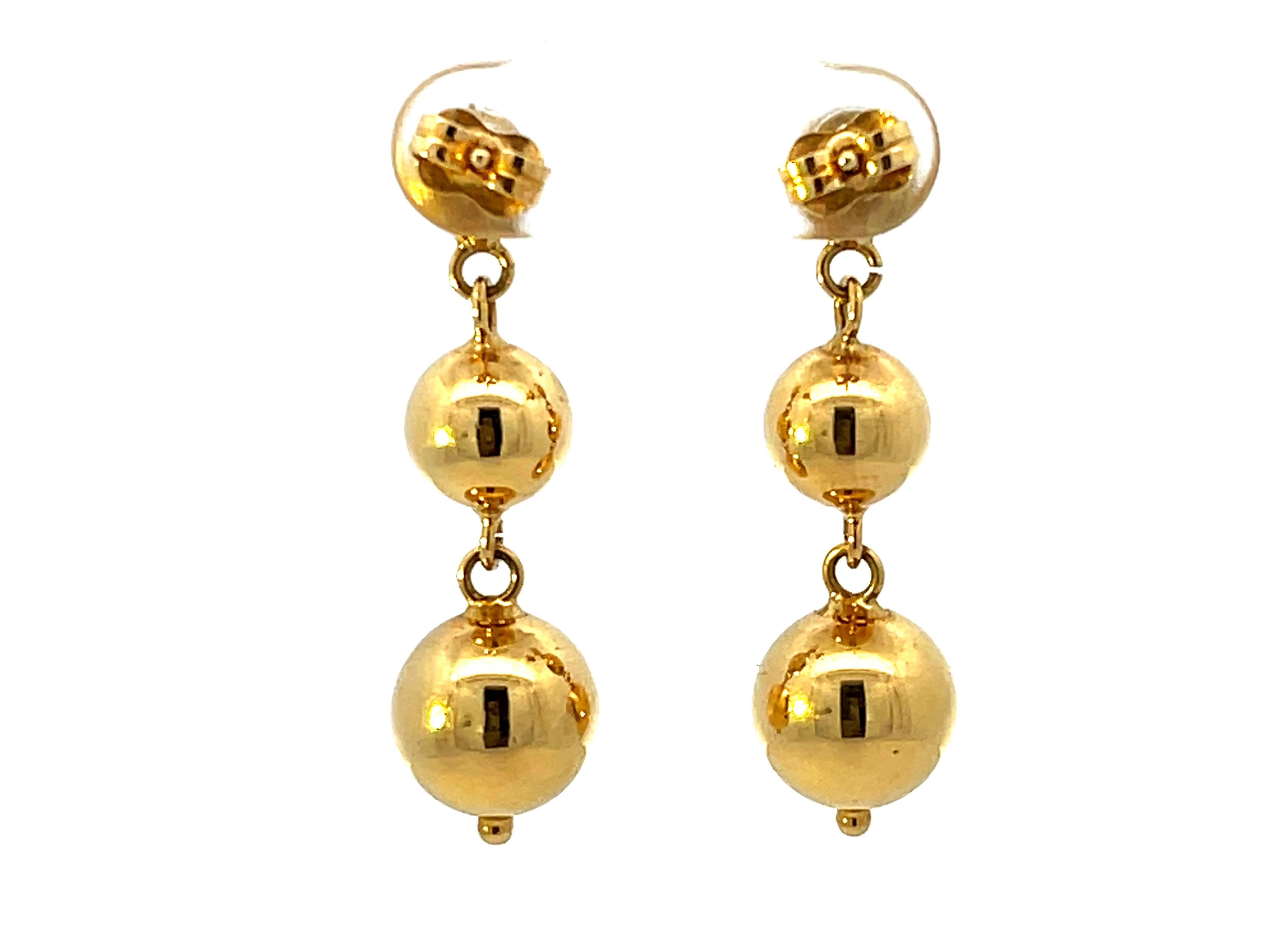 Triple Round Bead Drop Dangly 18k Solid Gold Earrings For Sale 2