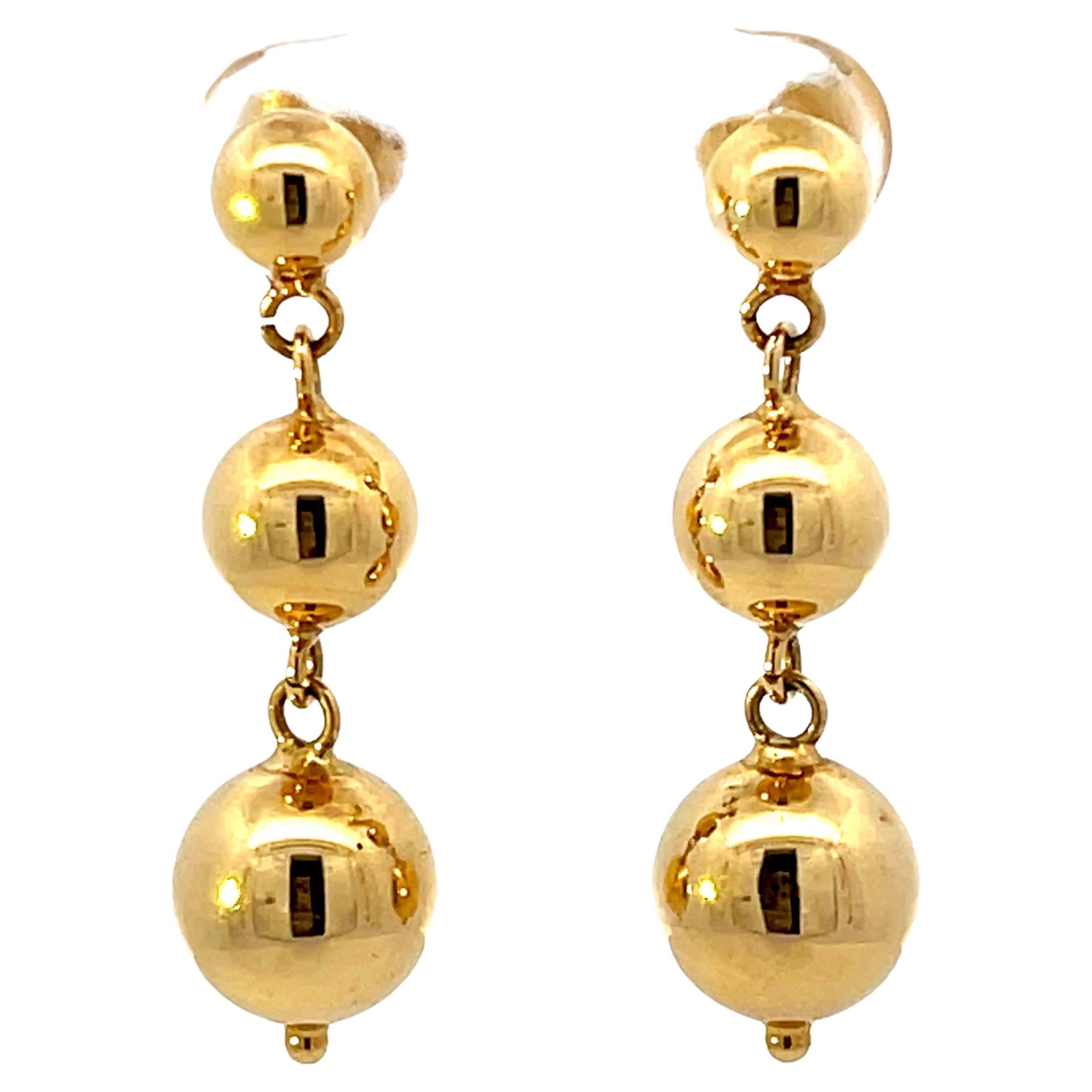 Triple Round Bead Drop Dangly 18k Solid Gold Earrings For Sale