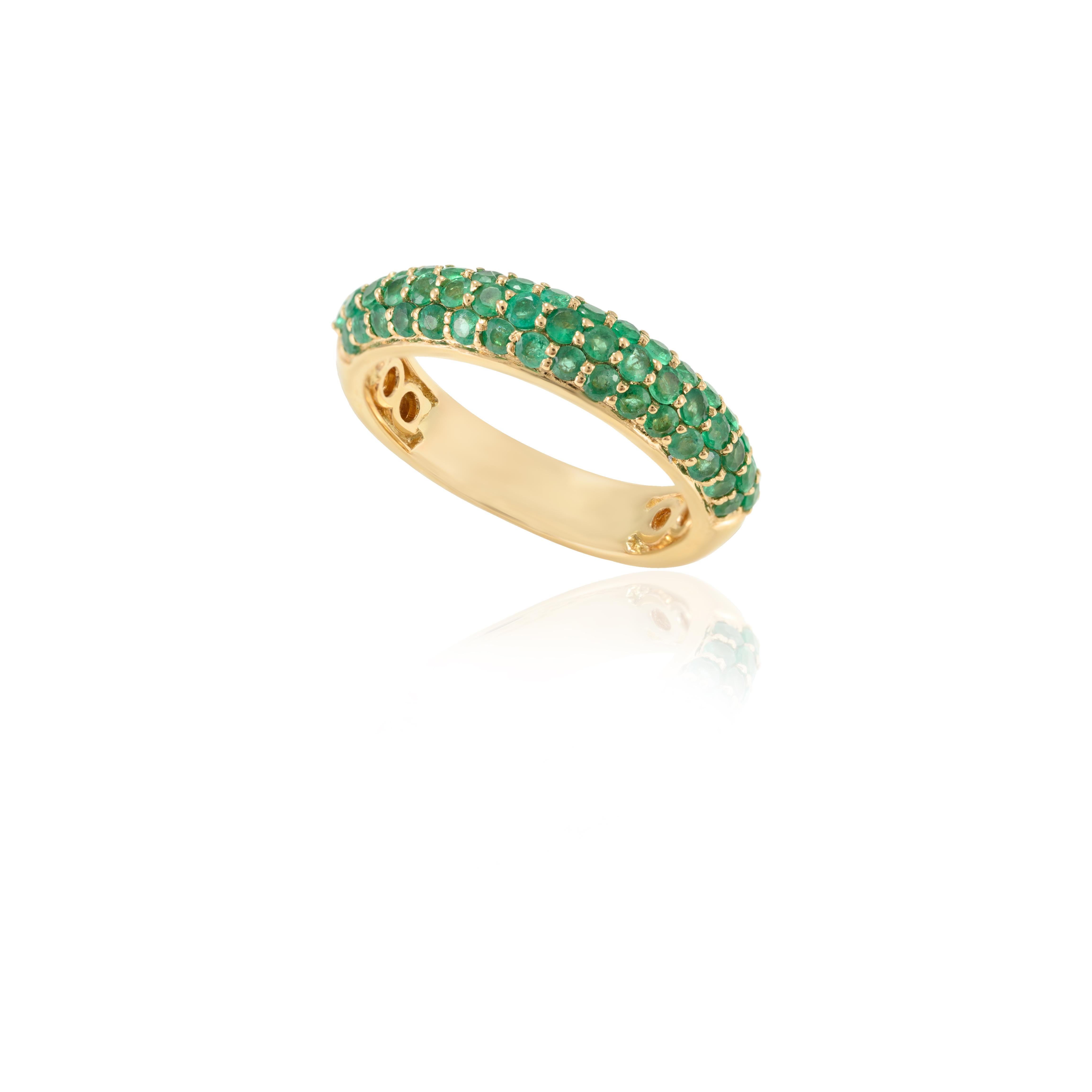 For Sale:  Natural Round Emerald Half Eternity Band Ring Studded in 18k Solid Yellow Gold 7