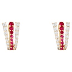 Triple Row 14K (or 18k upon request) Yellow Gold Ruby Diamond Huggie Earrings
