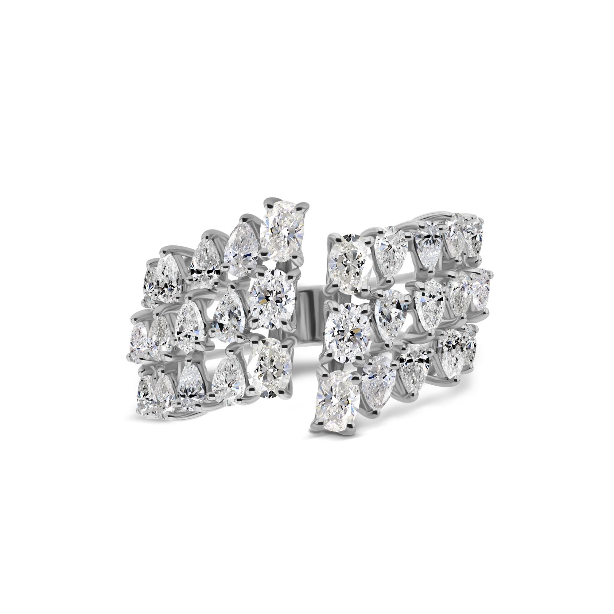 For Sale:  Triple Row 2.08Ct SI/H Multi Shape Diamond Cluster Open Ring 14K White Gold 4