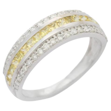 Triple Row Band Ring with Yellow Sapphire and Diamonds in Sterling Silver