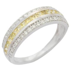 Triple Row Band Ring with Yellow Sapphire and Diamonds in Sterling Silver