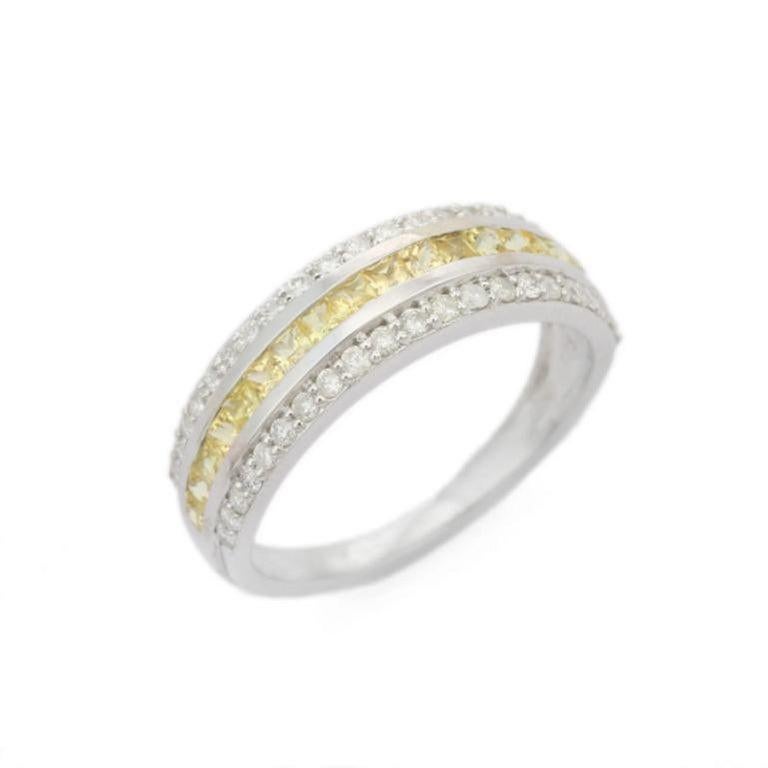 For Sale:  Triple Row Band Ring Yellow Sapphire and Diamonds in 925 Sterling Silver for Her 7