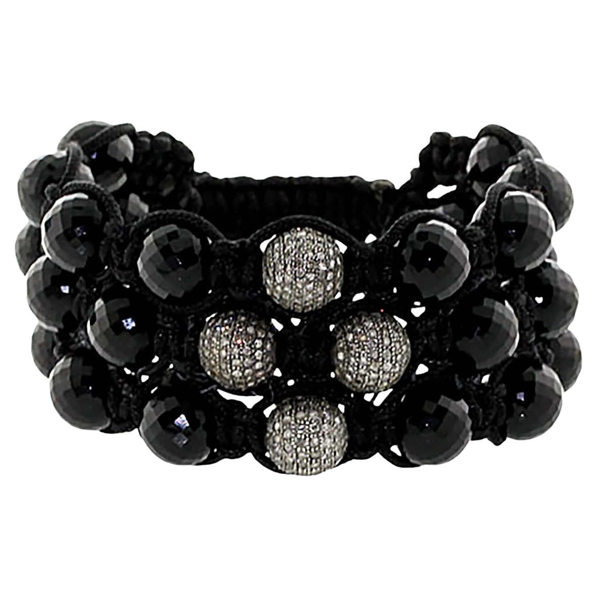 Triple Row Black Onyx 
4.28ct Pavé Diamond Macramé Hand-Knotted Beaded Bracelet For Sale