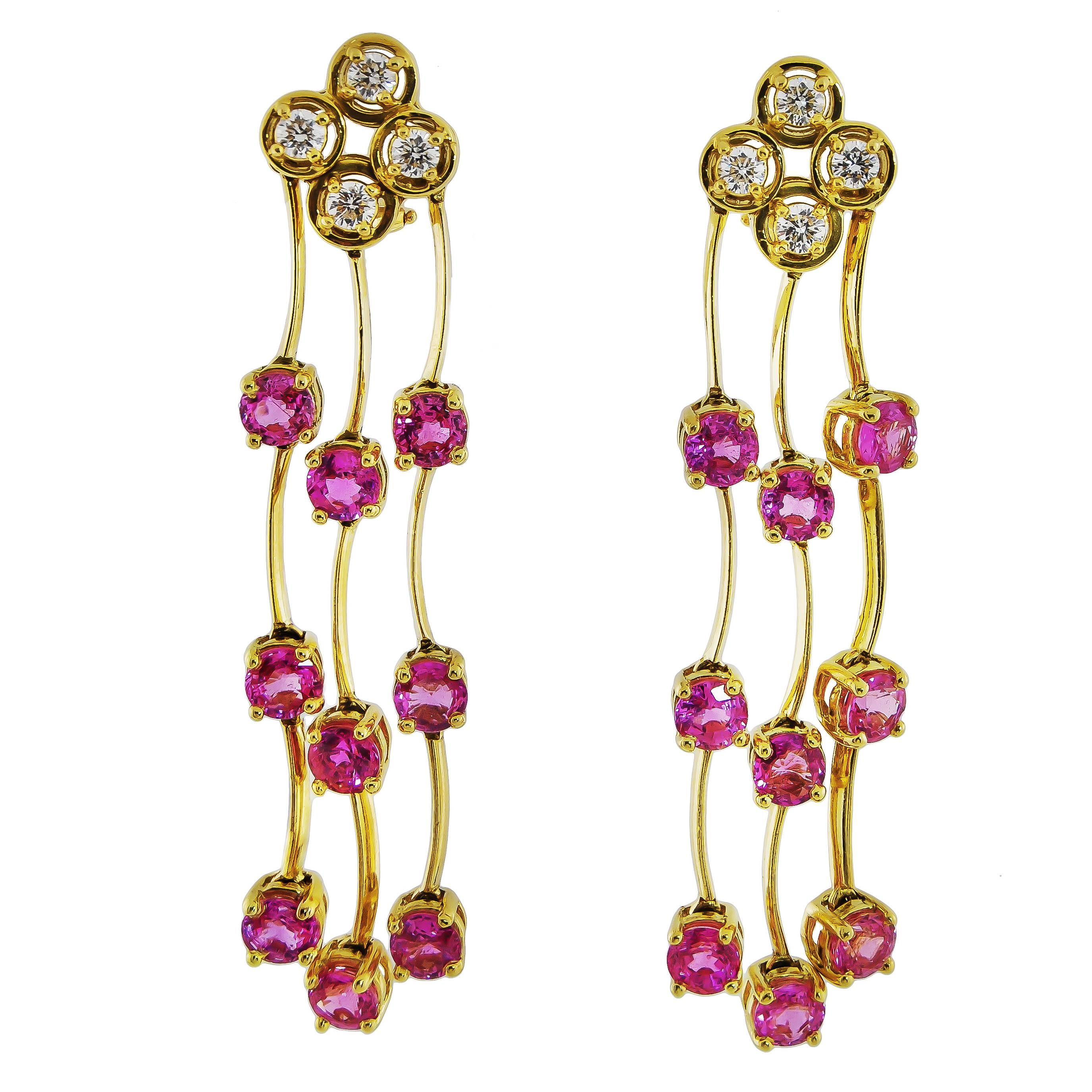 Triple Row Cascade Pink Sapphire and Diamond Earrings For Sale