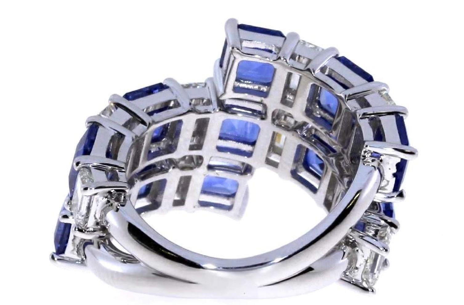 Women's Triple Row Ceylon Blue Sapphire and Emerald Cut Diamond Ring For Sale