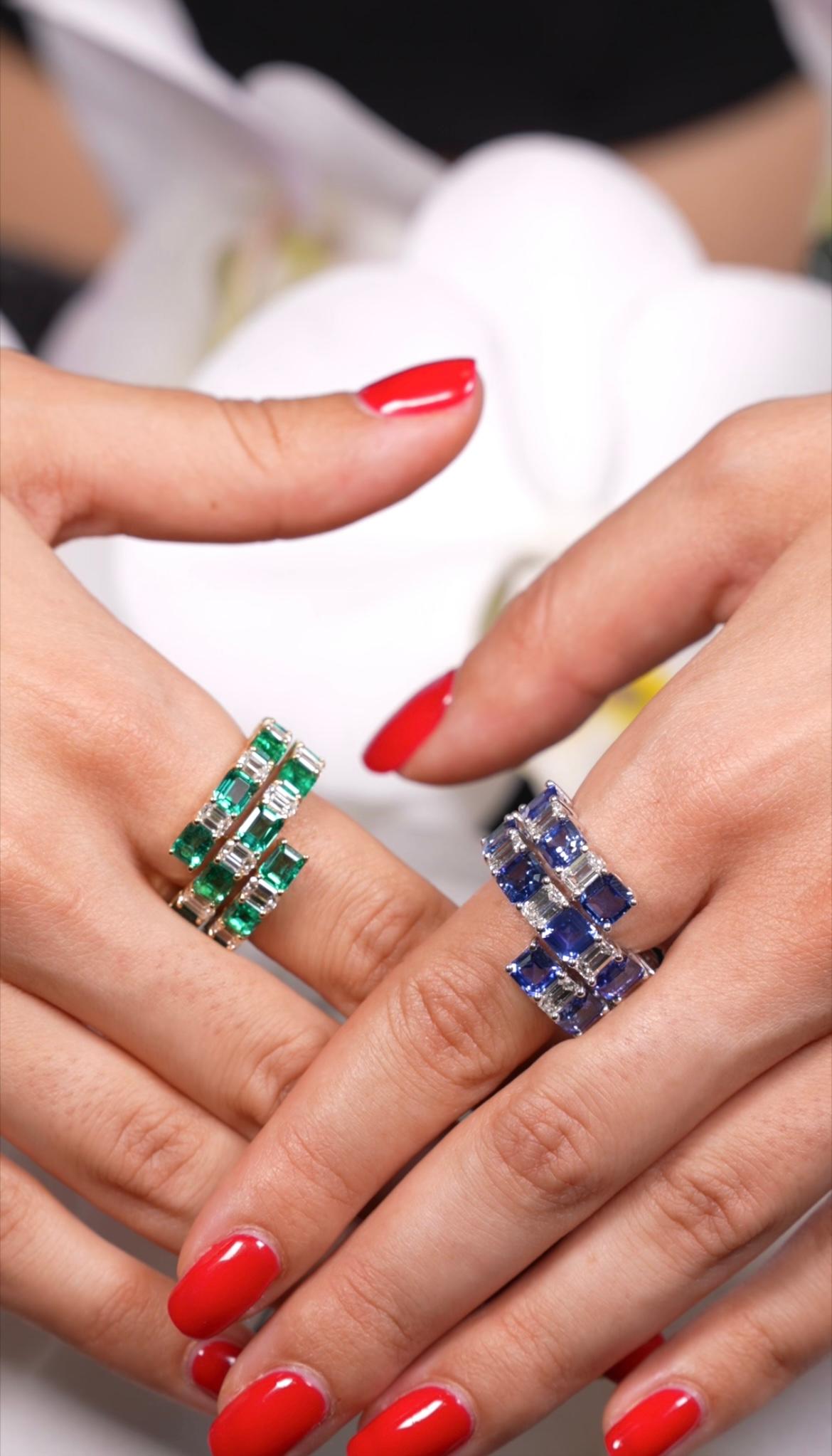 Triple Row Ceylon Blue Sapphire and Emerald Cut Diamond Ring For Sale 1