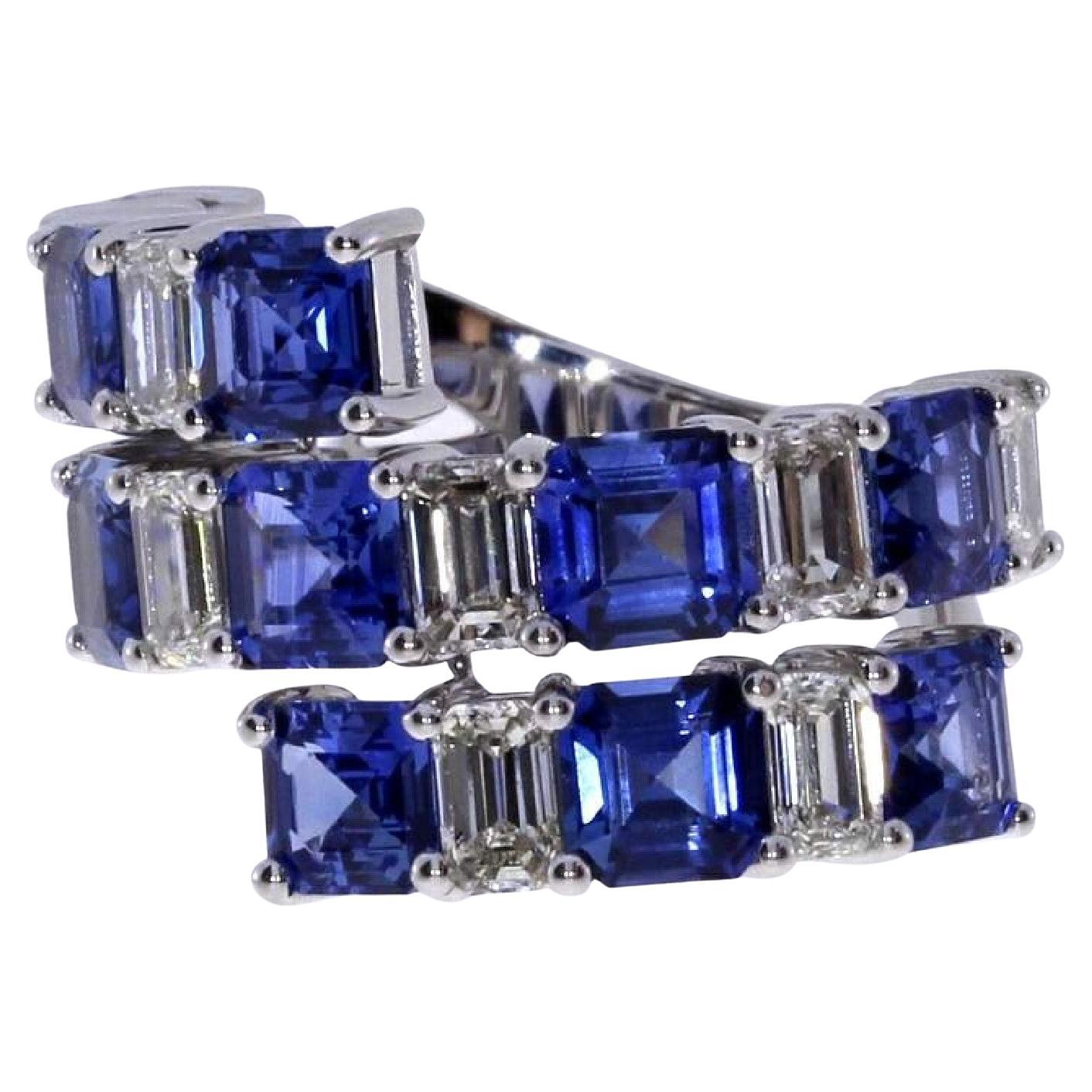 Triple Row Ceylon Blue Sapphire and Emerald Cut Diamond Ring For Sale
