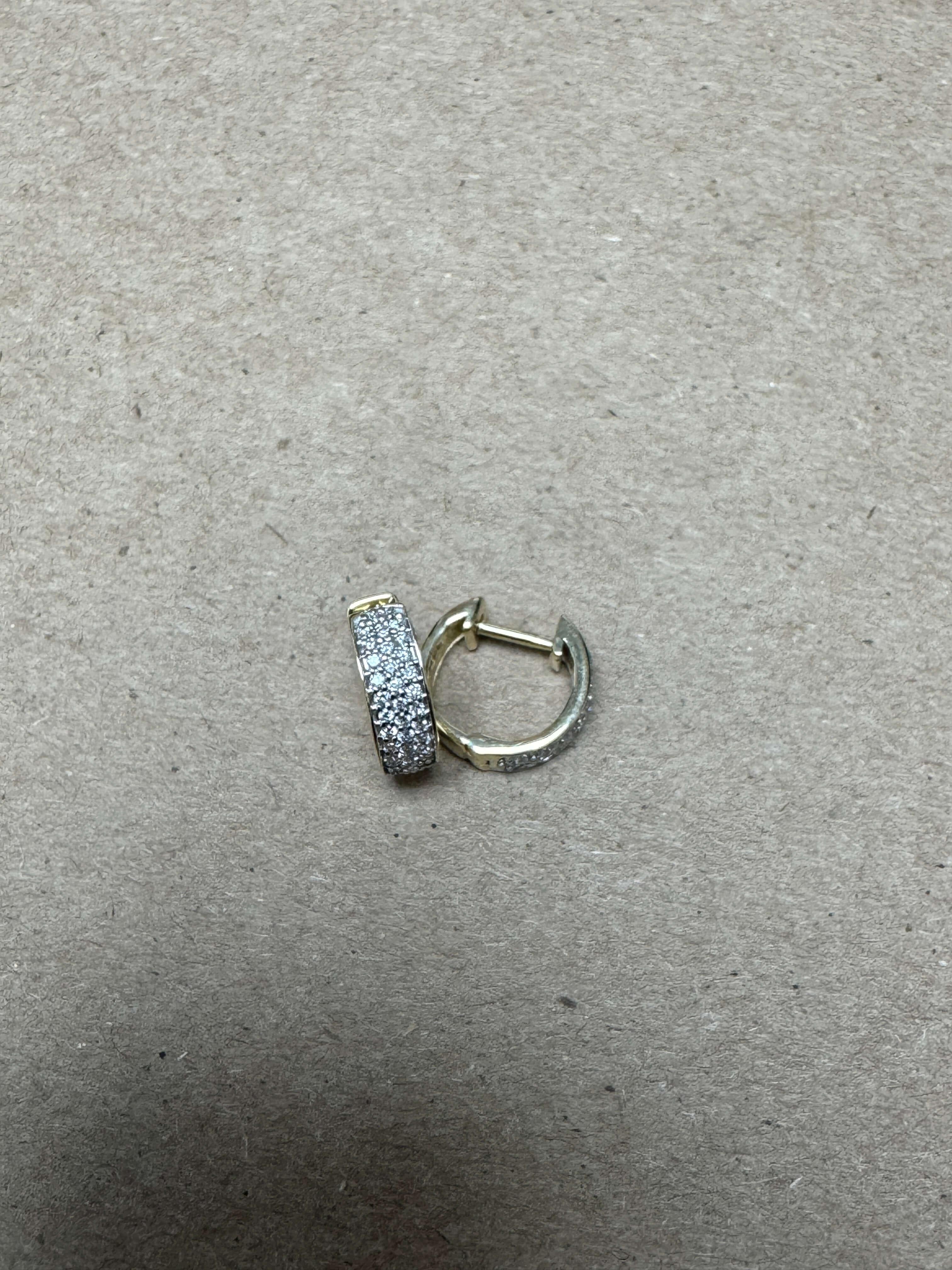 Round Cut Triple Row Diamond and Gold Huggie Earrings For Sale