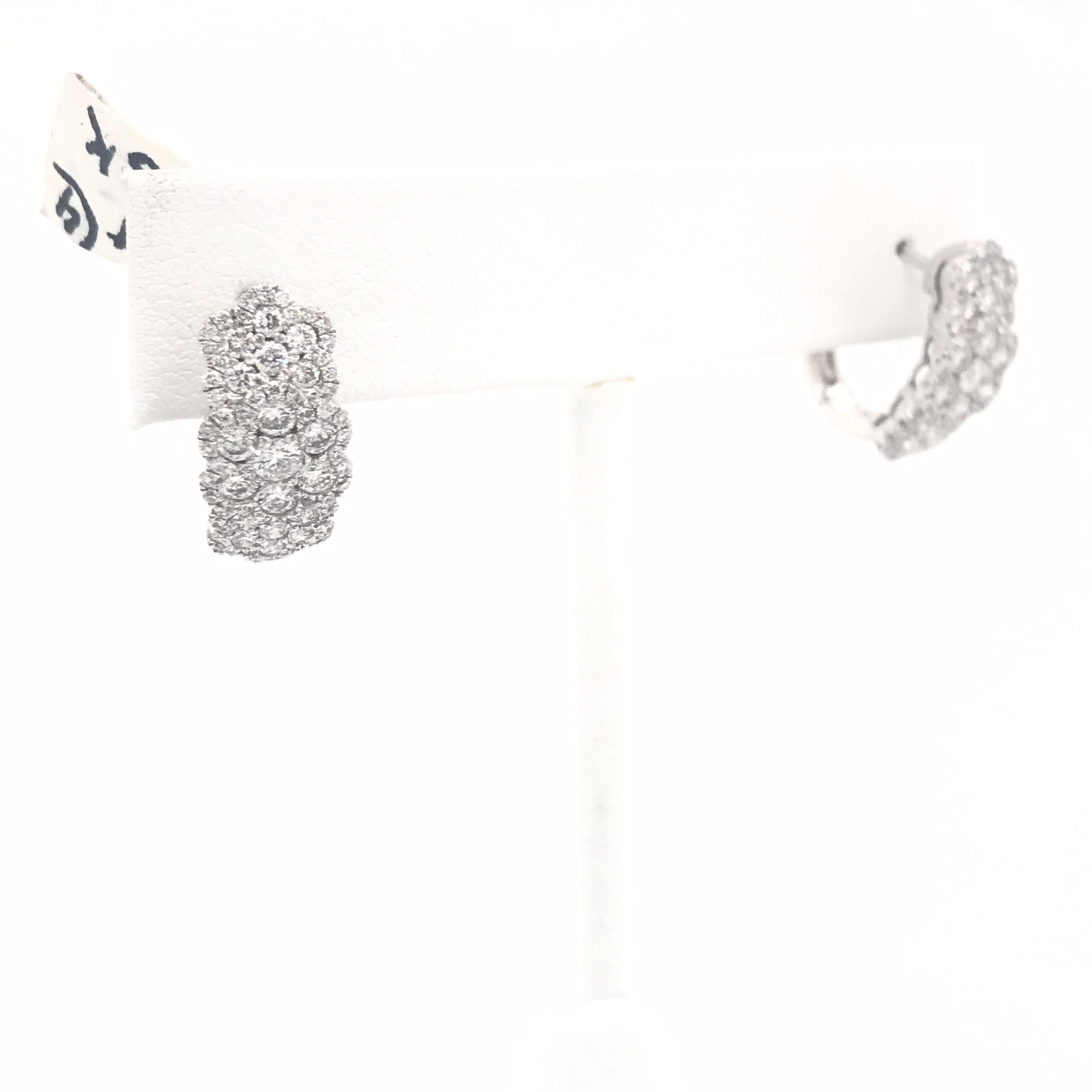 Round Cut Triple Row Diamond Hoop Earrings 2.35 Carat 18 Karat White Gold For Sale