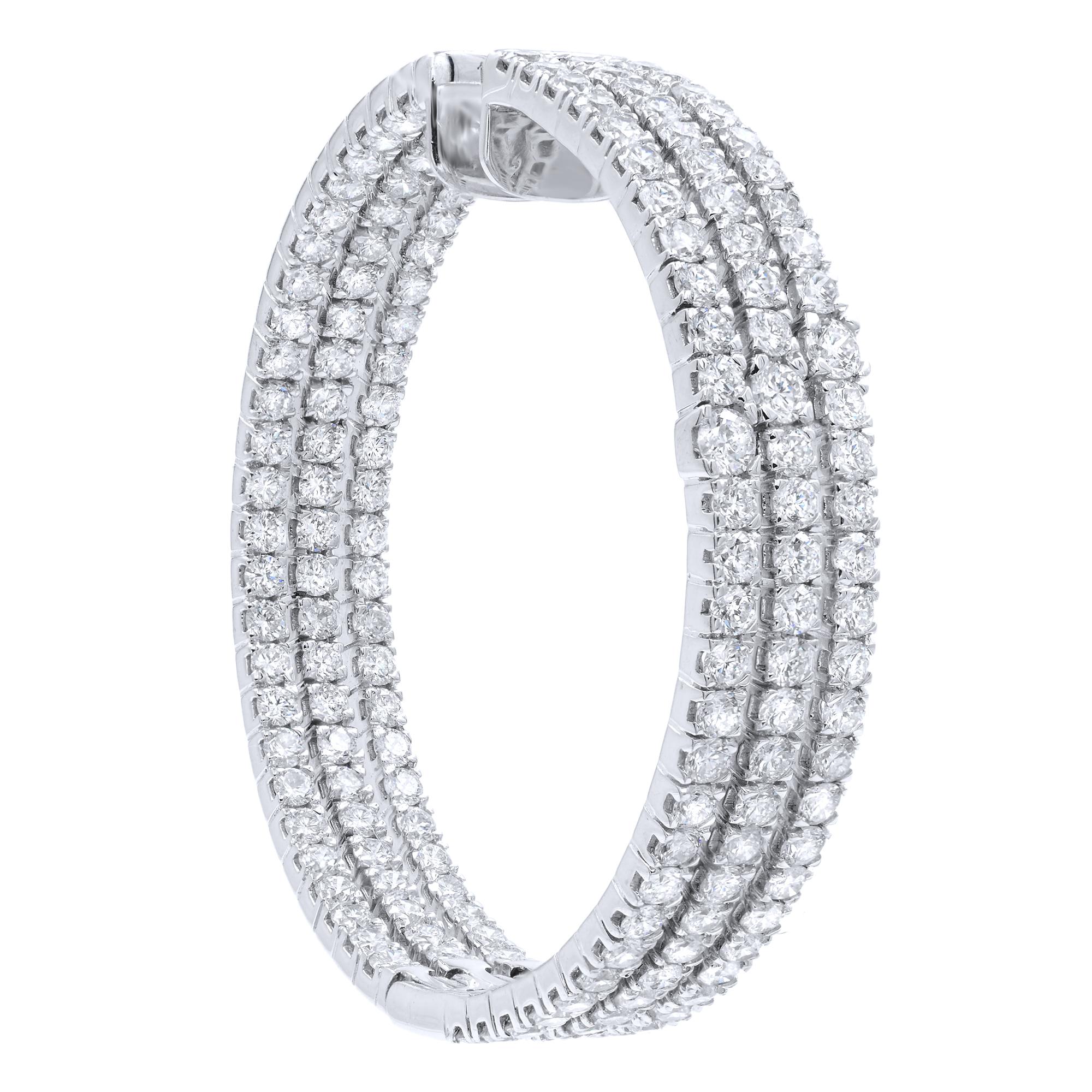 Triple Row Diamond Hoop Earrings 8.33 Carat in 18 Karat White Gold In Excellent Condition In New York, NY
