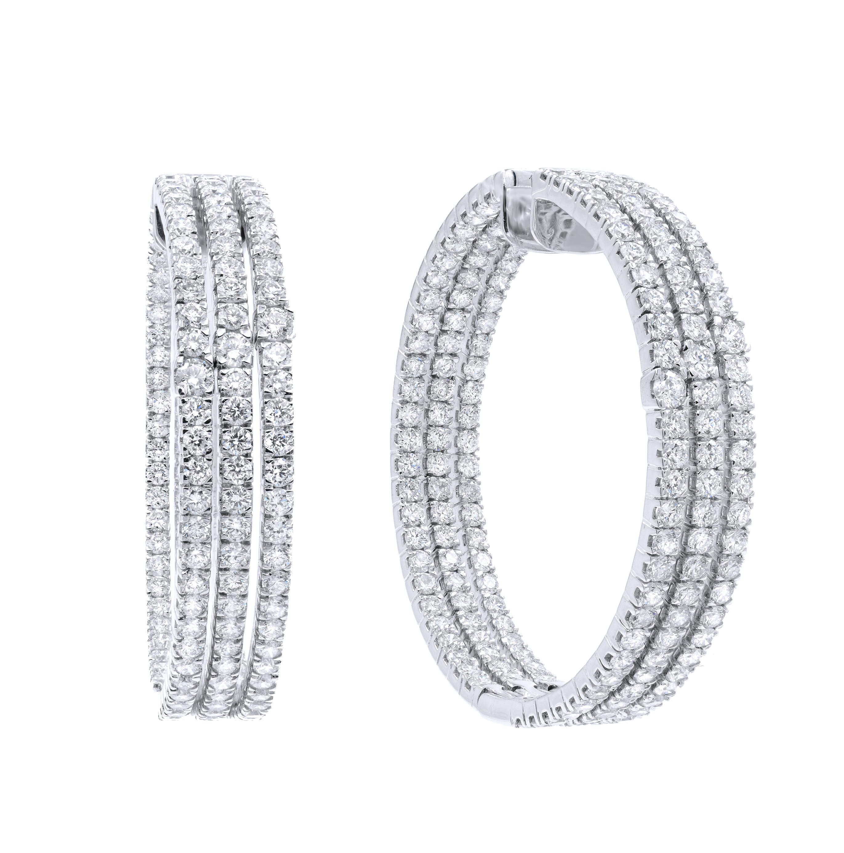 Triple Row Diamond Hoop Earrings 8.33 Carat in 18 Karat White Gold 1