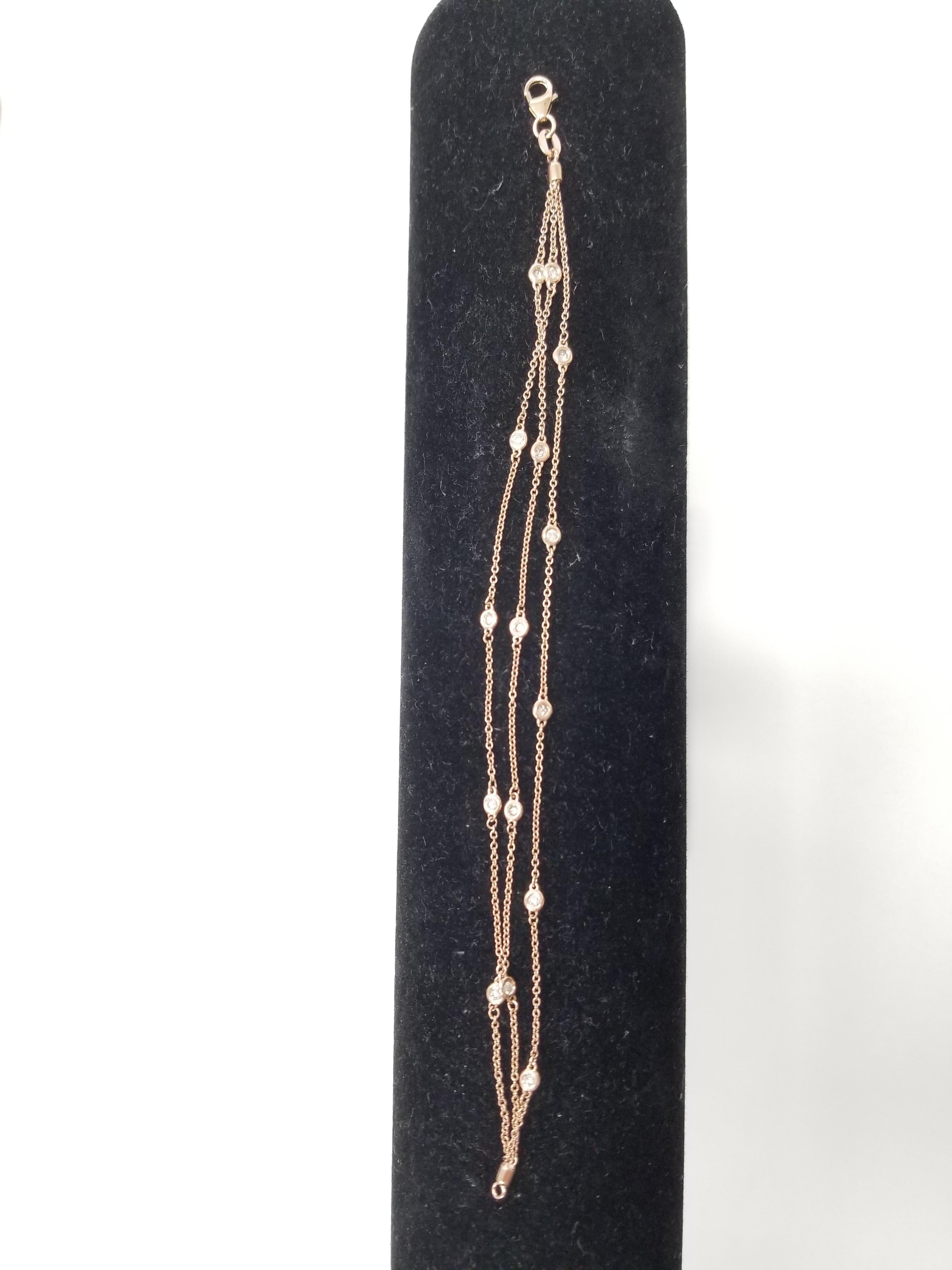 Triple Row Diamond Station Bracelet Rose Gold 14 Karat 7'' In New Condition In Great Neck, NY