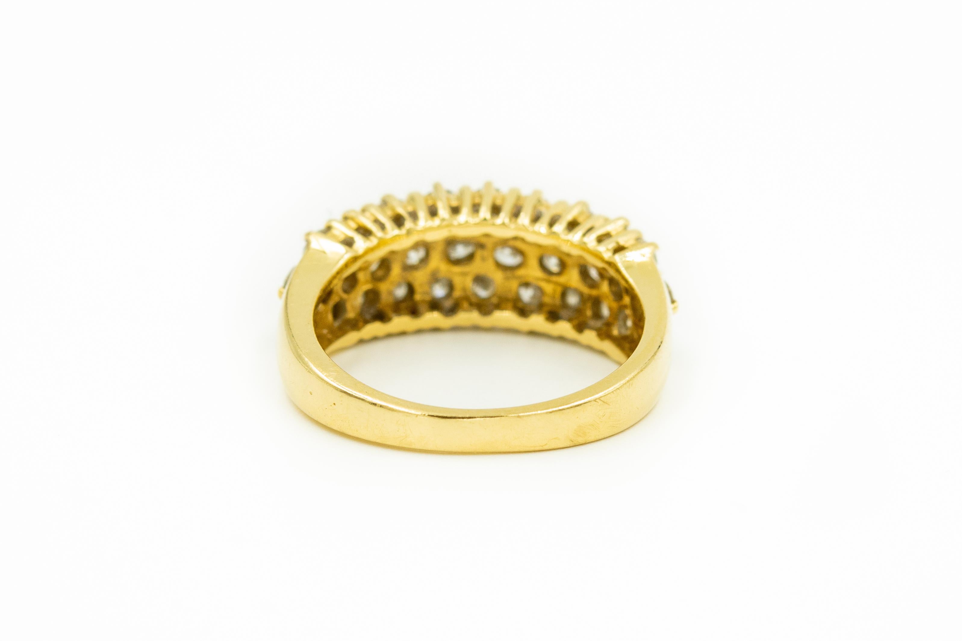 Round Cut Triple Row Diamond Yellow Gold Band Ring with Three Rows of Diamonds in Front