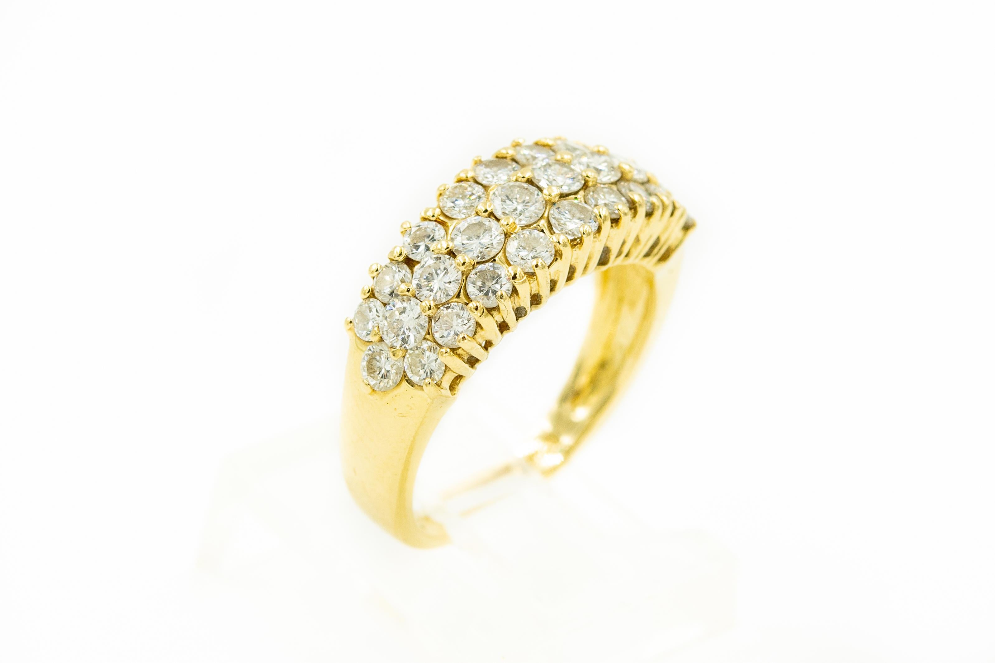Triple Row Diamond Yellow Gold Band Ring with Three Rows of Diamonds in Front 1