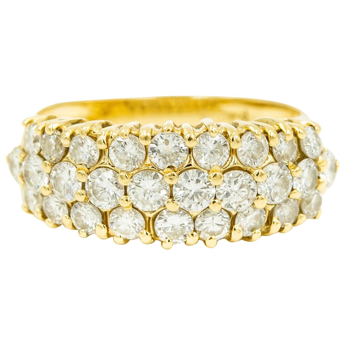 Triple Row Diamond Yellow Gold Band Ring with Three Rows of Diamonds in Front