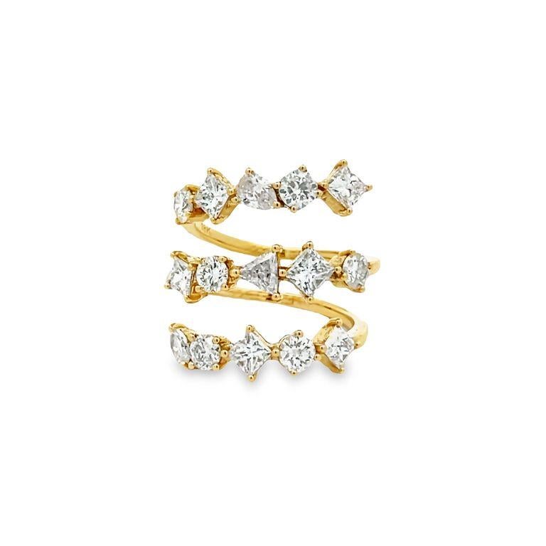 Introducing our latest fashion ring, adorned with a unique mix of shapes and fancy diamonds. The design consists of a triple-row band, every single row has five stones in different fancy shapes. About diamond shapes, you can appreciate the perfect