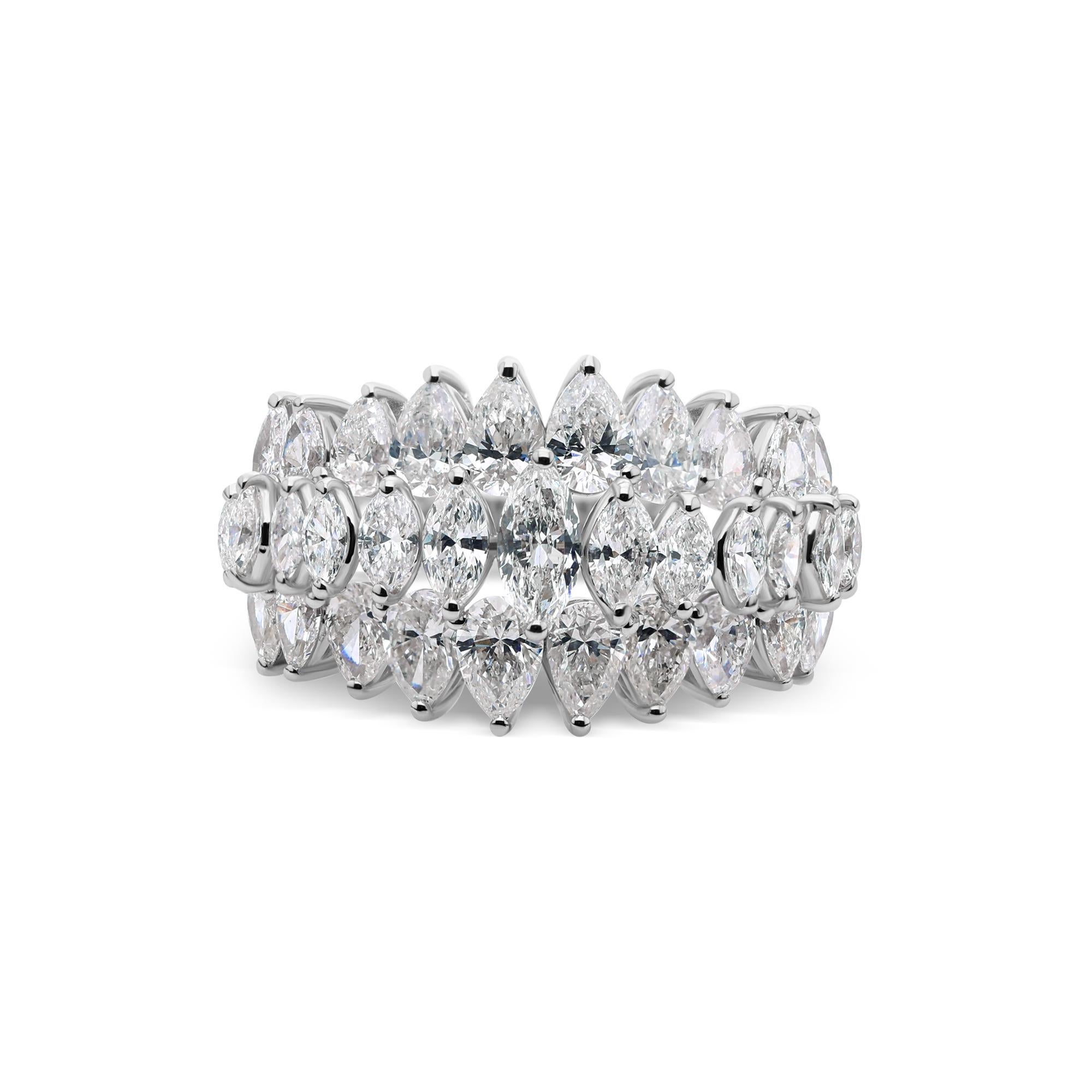 Anello a fascia larga con diamante Marquise e Pera a tre file in oro bianco 14K in vendita 2