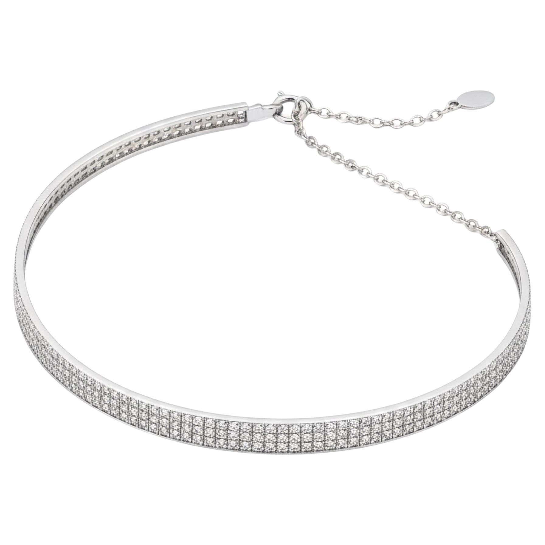 Triple Row Pave Set 18K White Gold Diamond Necklace For Sale