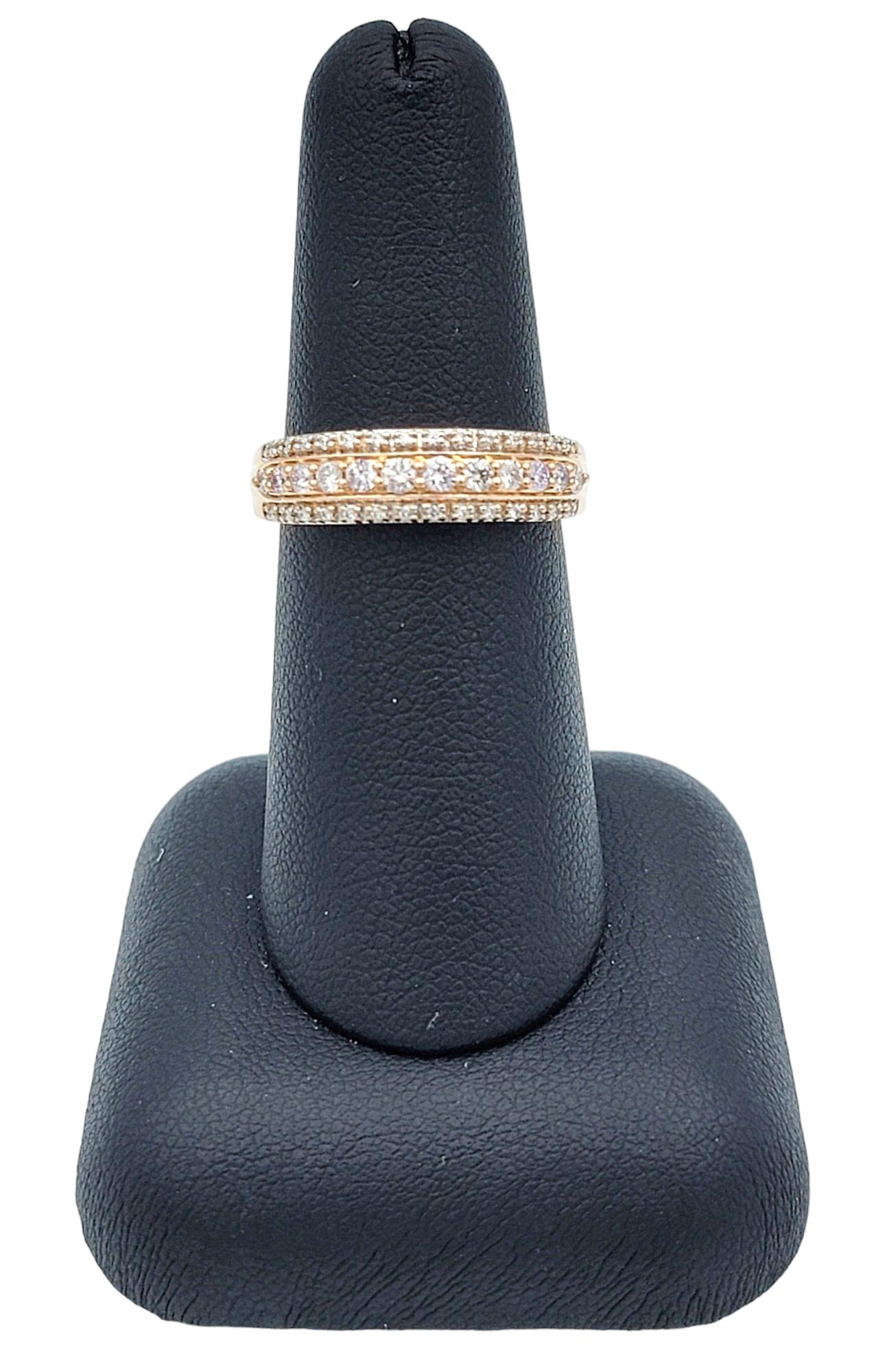 Triple Row Round Pink and White Diamond Band Ring Set in 18 Karat Rose Gold For Sale 4