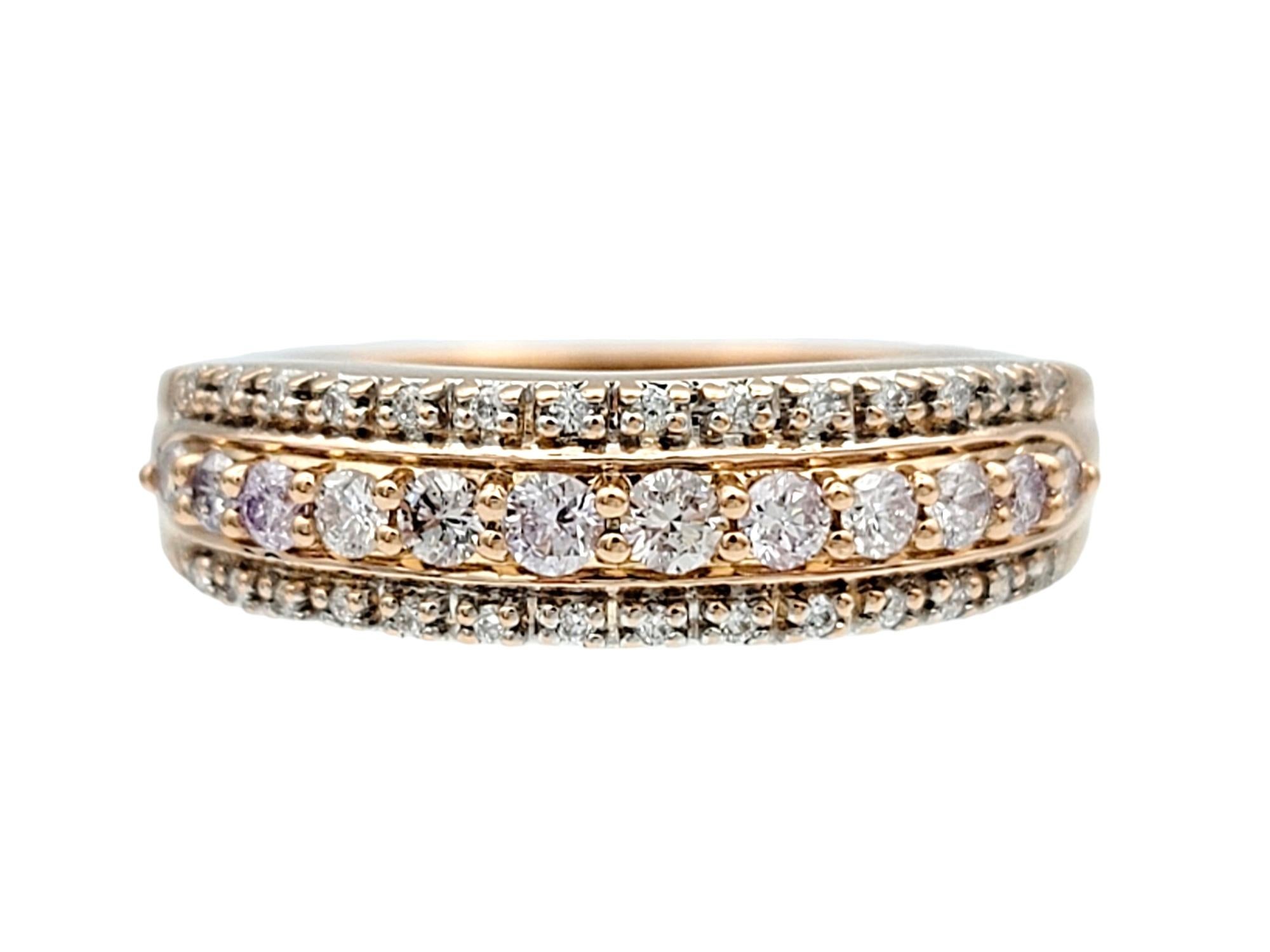 Contemporary Triple Row Round Pink and White Diamond Band Ring Set in 18 Karat Rose Gold For Sale
