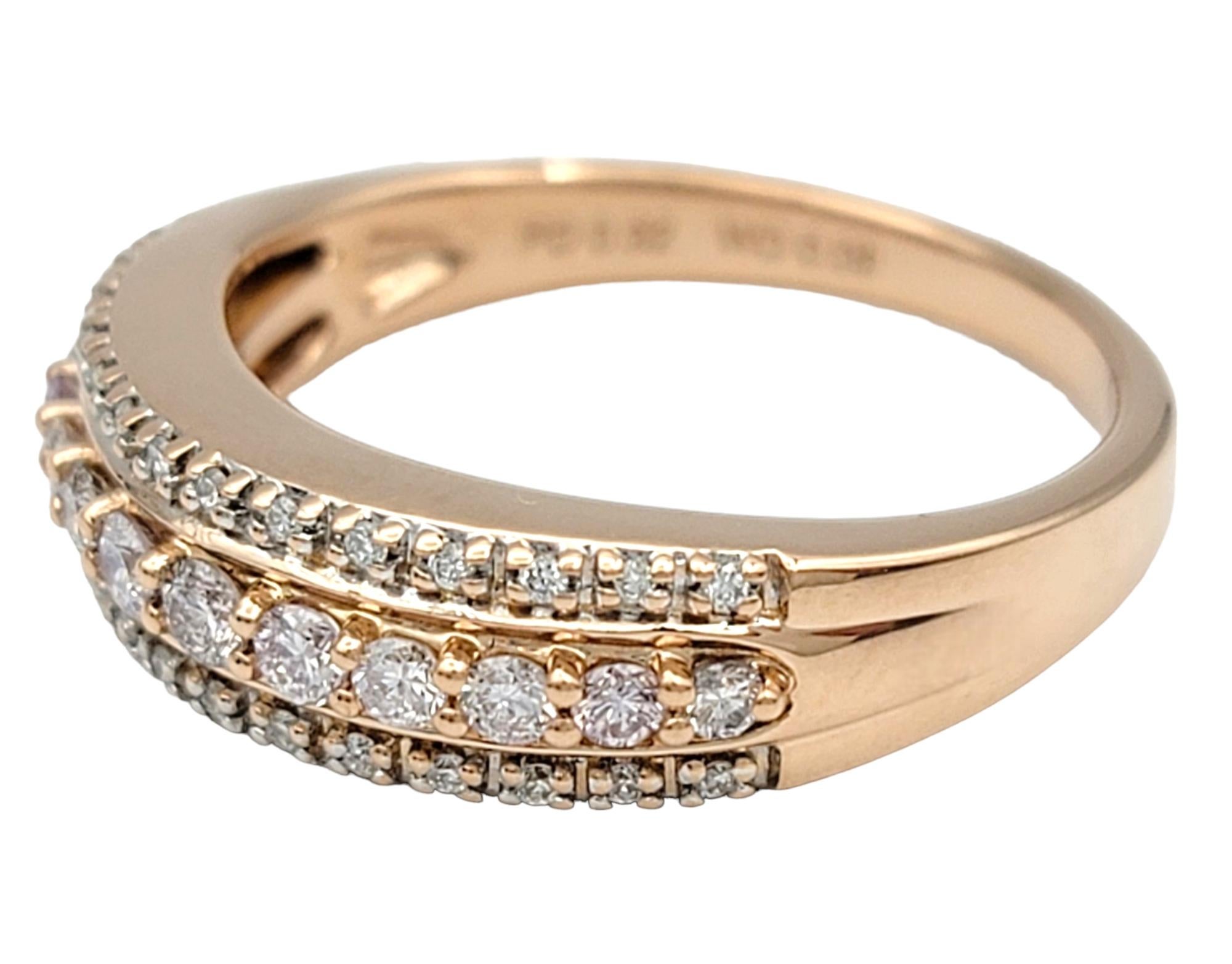 Round Cut Triple Row Round Pink and White Diamond Band Ring Set in 18 Karat Rose Gold For Sale