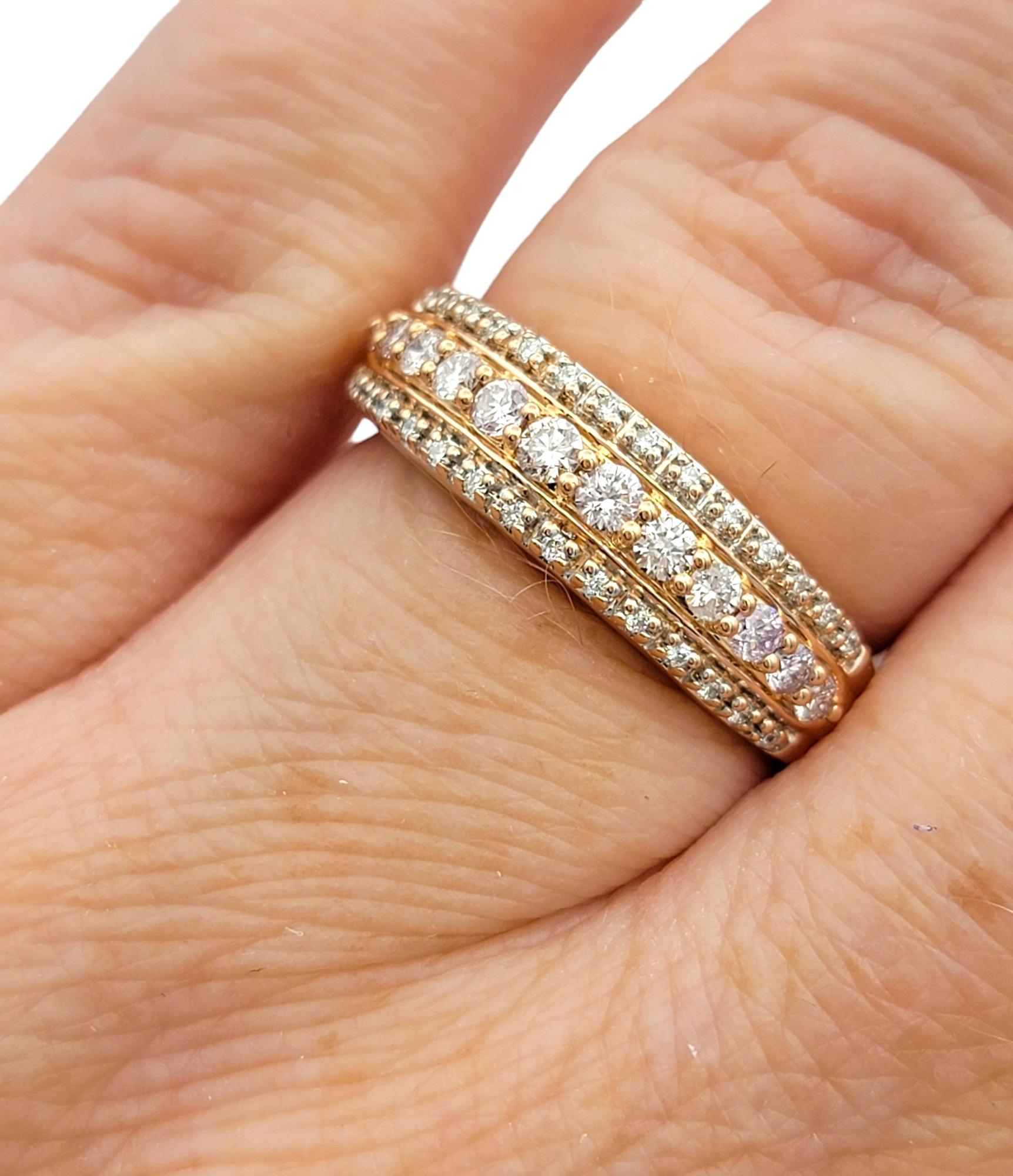 Triple Row Round Pink and White Diamond Band Ring Set in 18 Karat Rose Gold For Sale 3