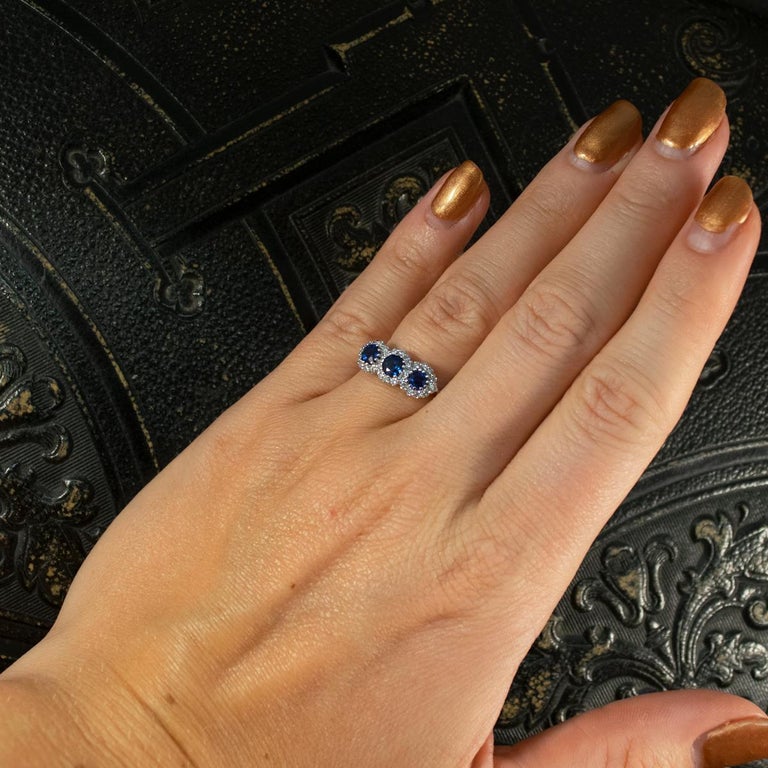 Triple Sapphire and Diamond Cluster Ring in 18 Carat White Gold at 1stDibs