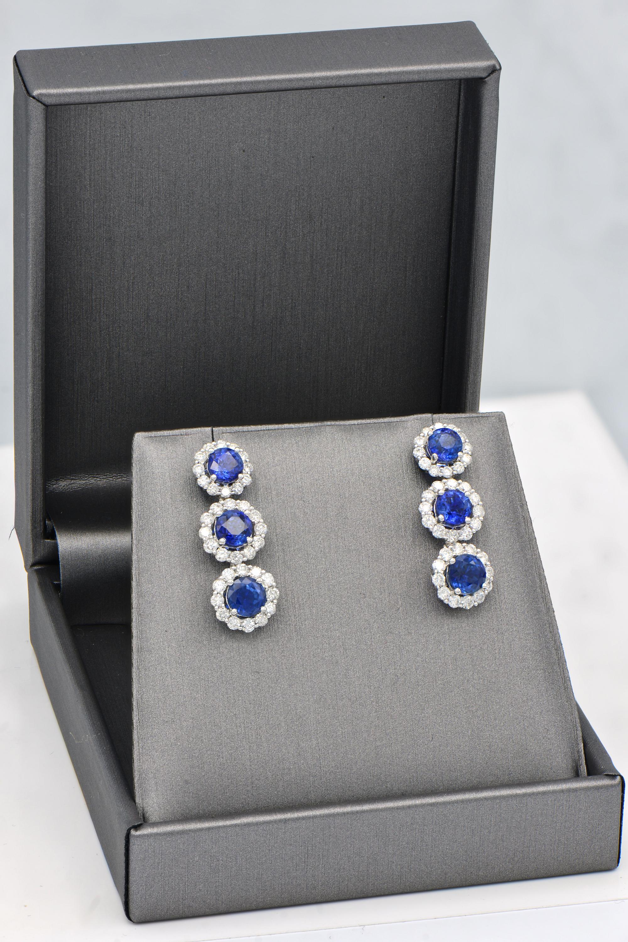 Round Cut Triple Sapphire with Diamond Halo Earrings