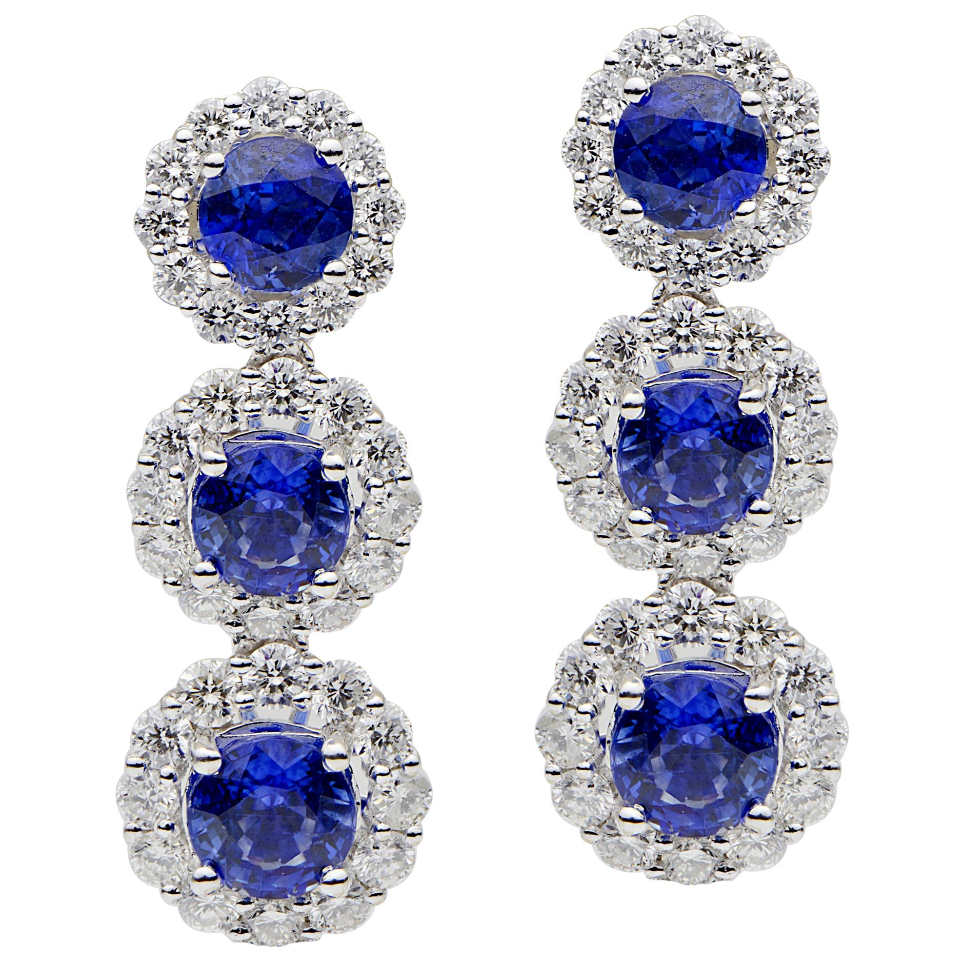 Triple Sapphire with Diamond Halo Earrings