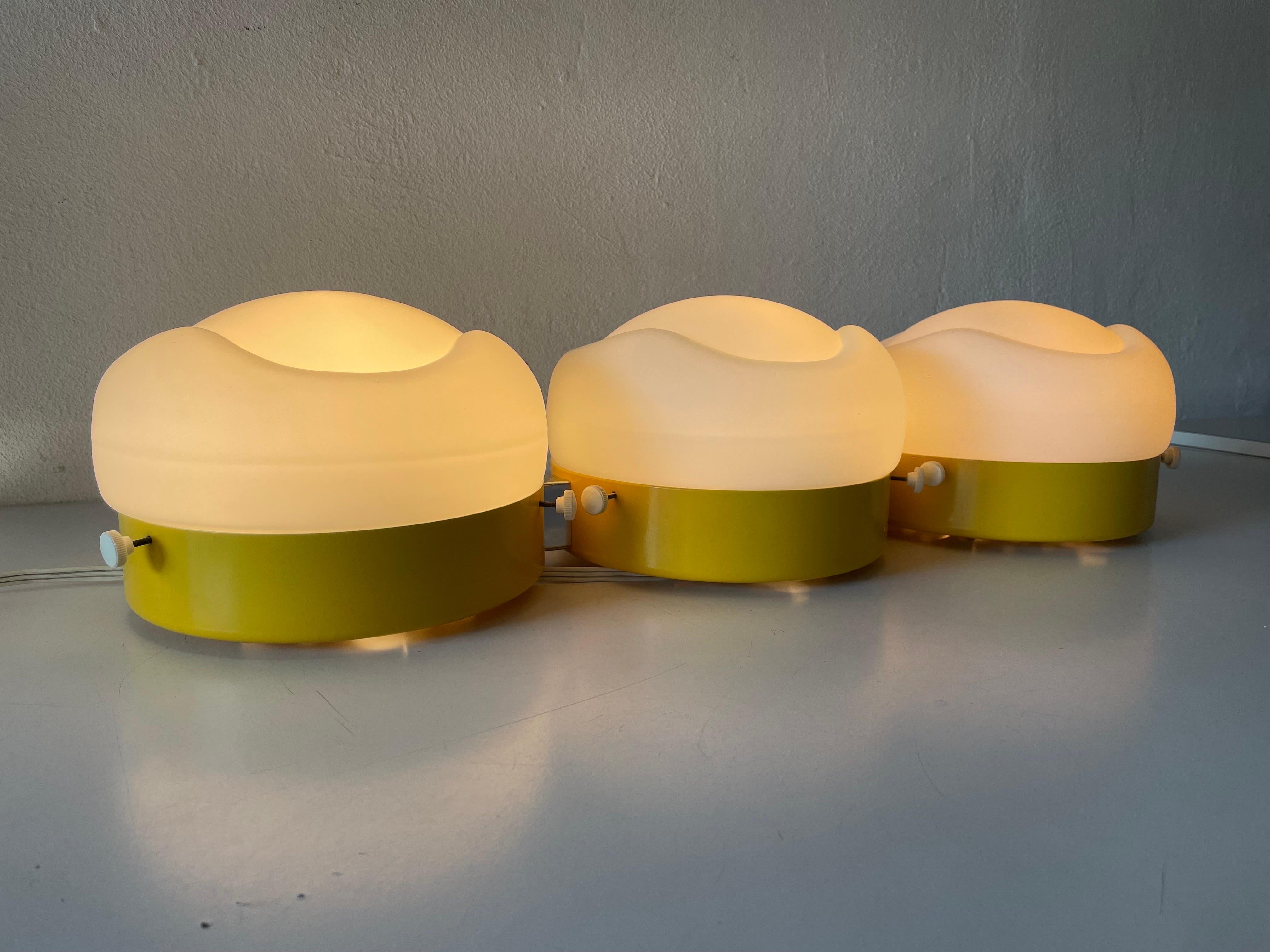 Triple Shade Opal Glass and Yellow Body Flush Mount by AKA, 1960s, Germany For Sale 4