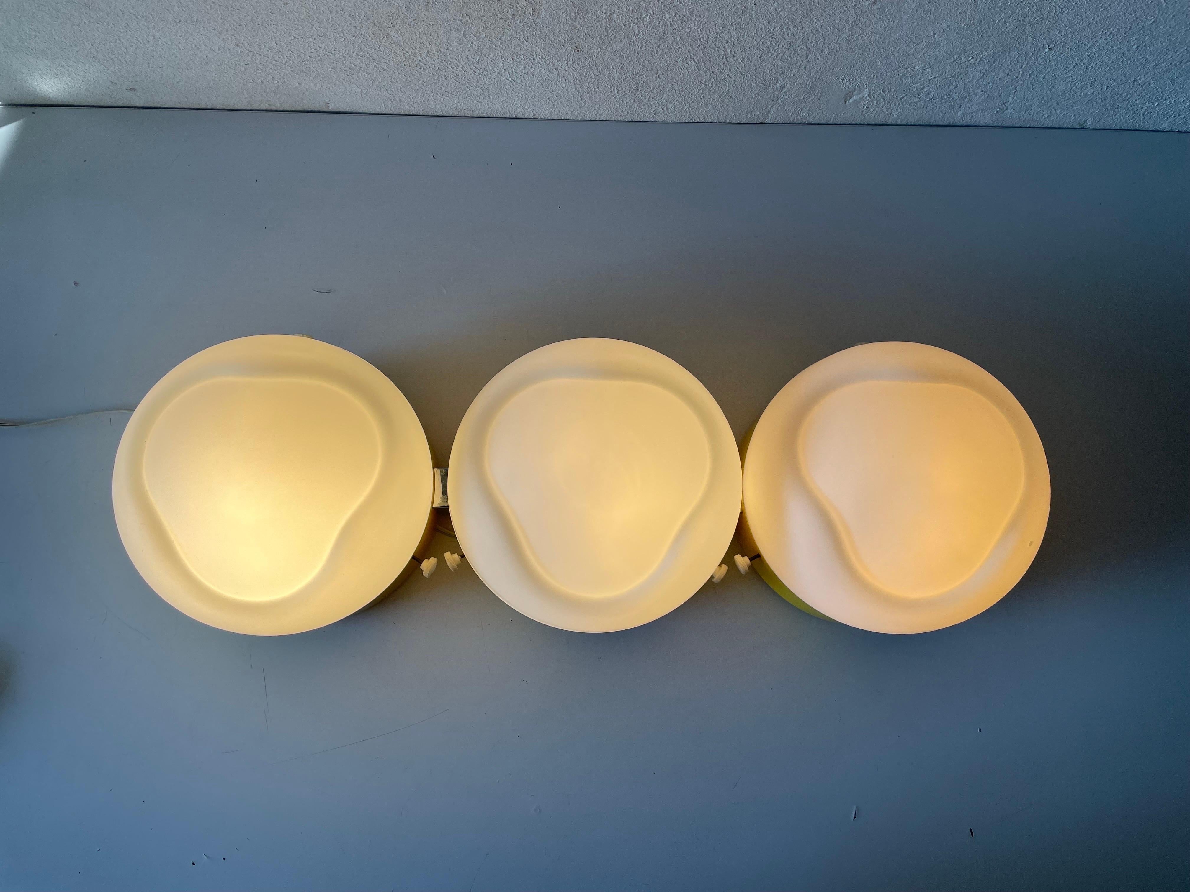 Triple Shade Opal Glass and Yellow Body Flush Mount by AKA, 1960s, Germany For Sale 5