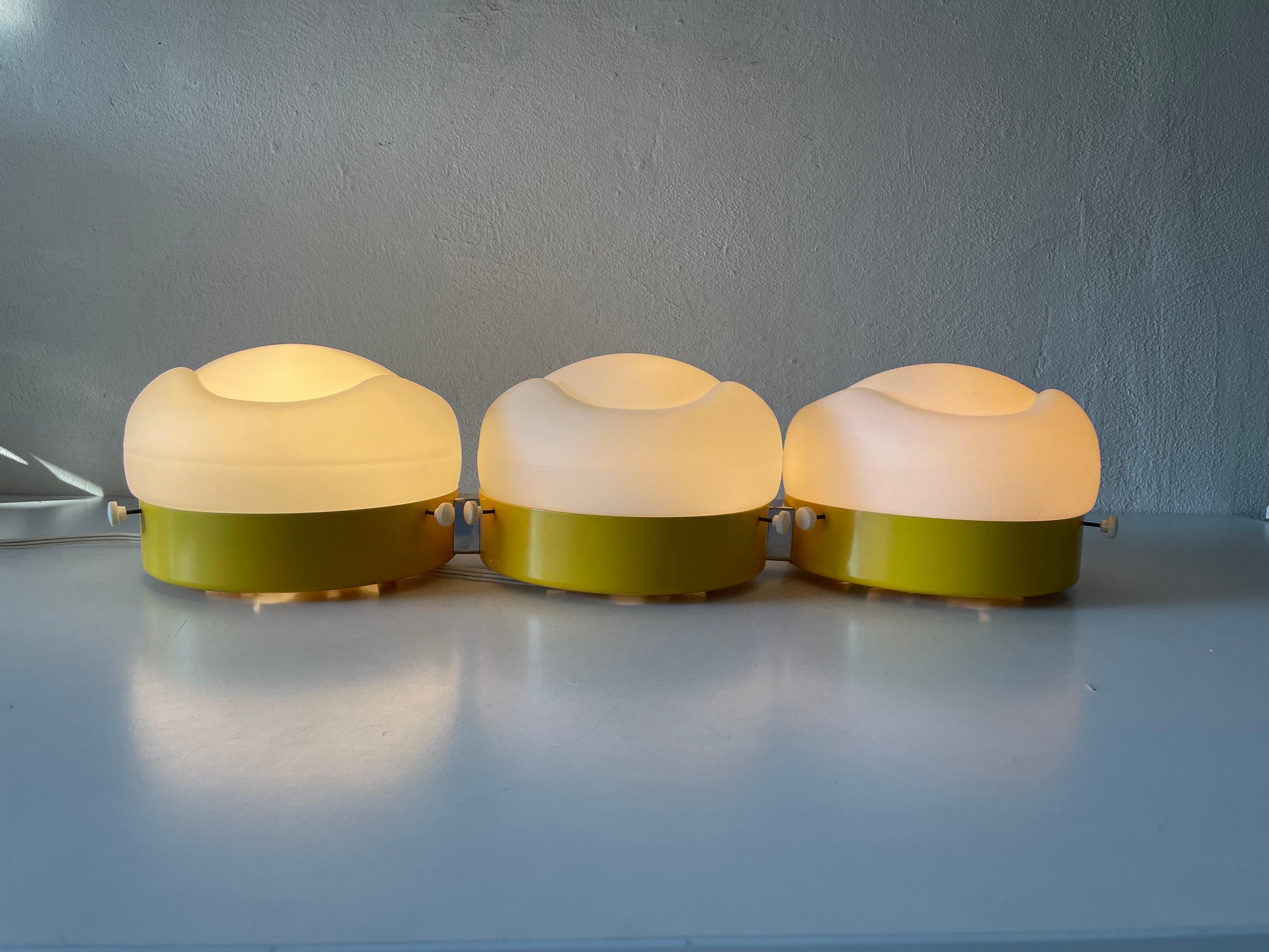 Triple Shade Opal Glass and Yellow Body Flush Mount by AKA, 1960s, Germany For Sale 1