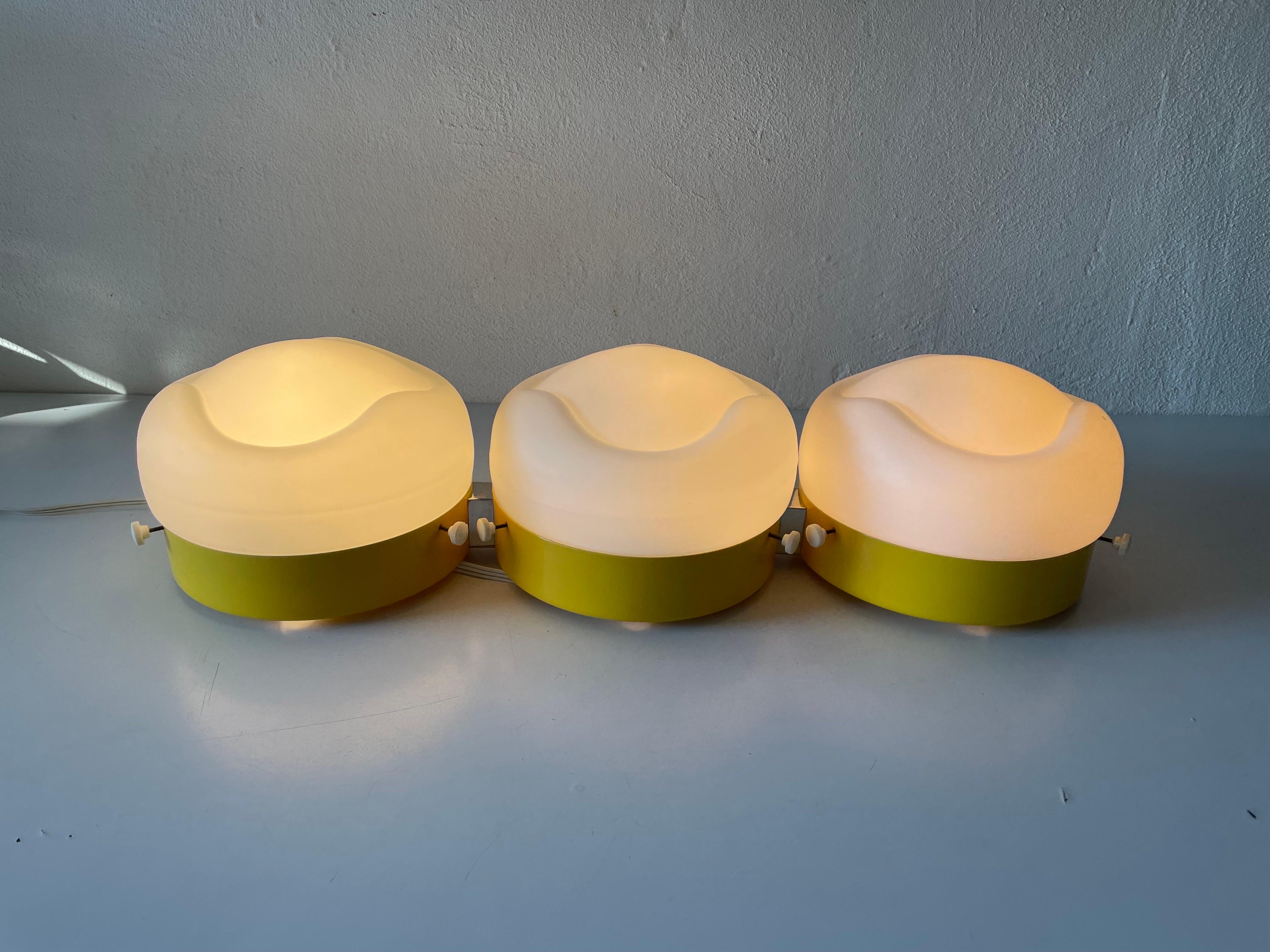 Triple Shade Opal Glass and Yellow Body Flush Mount by AKA, 1960s, Germany For Sale 2