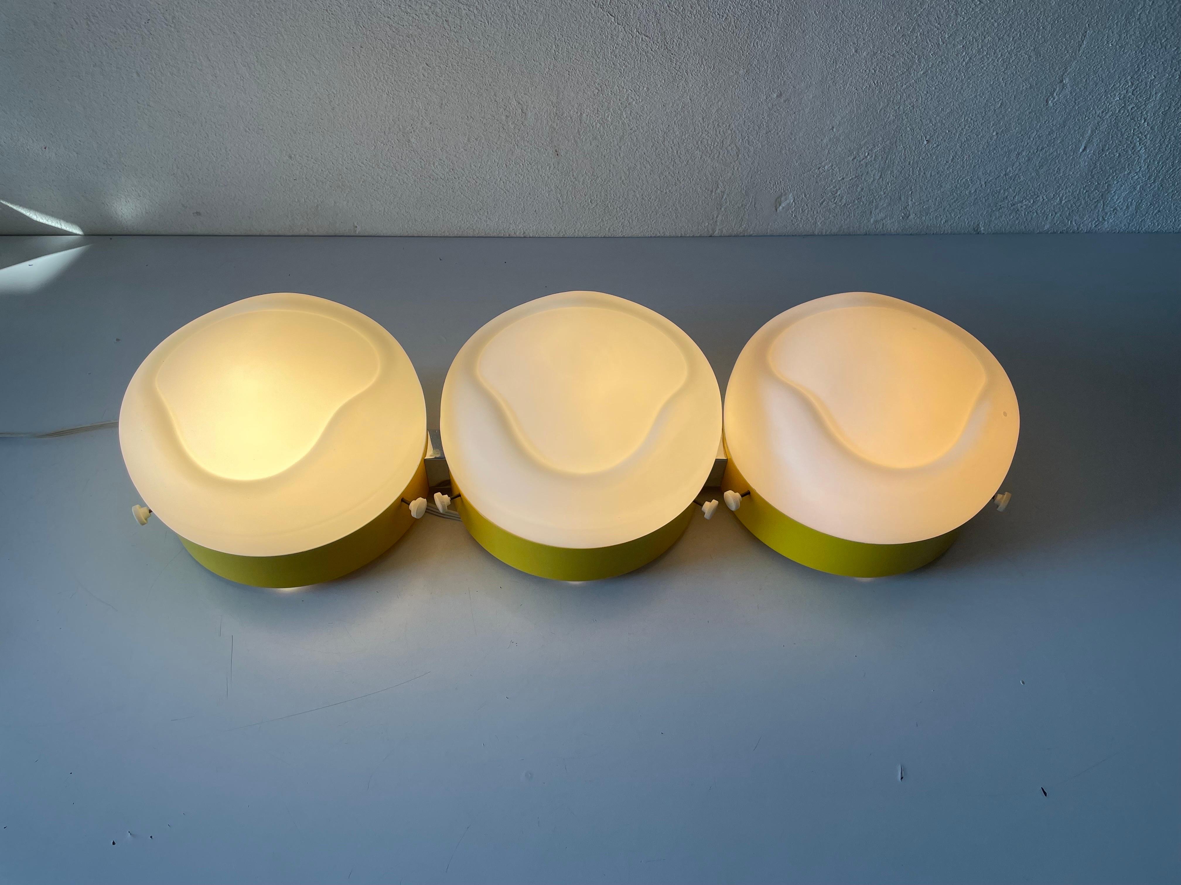 Triple Shade Opal Glass and Yellow Body Flush Mount by AKA, 1960s, Germany For Sale 3