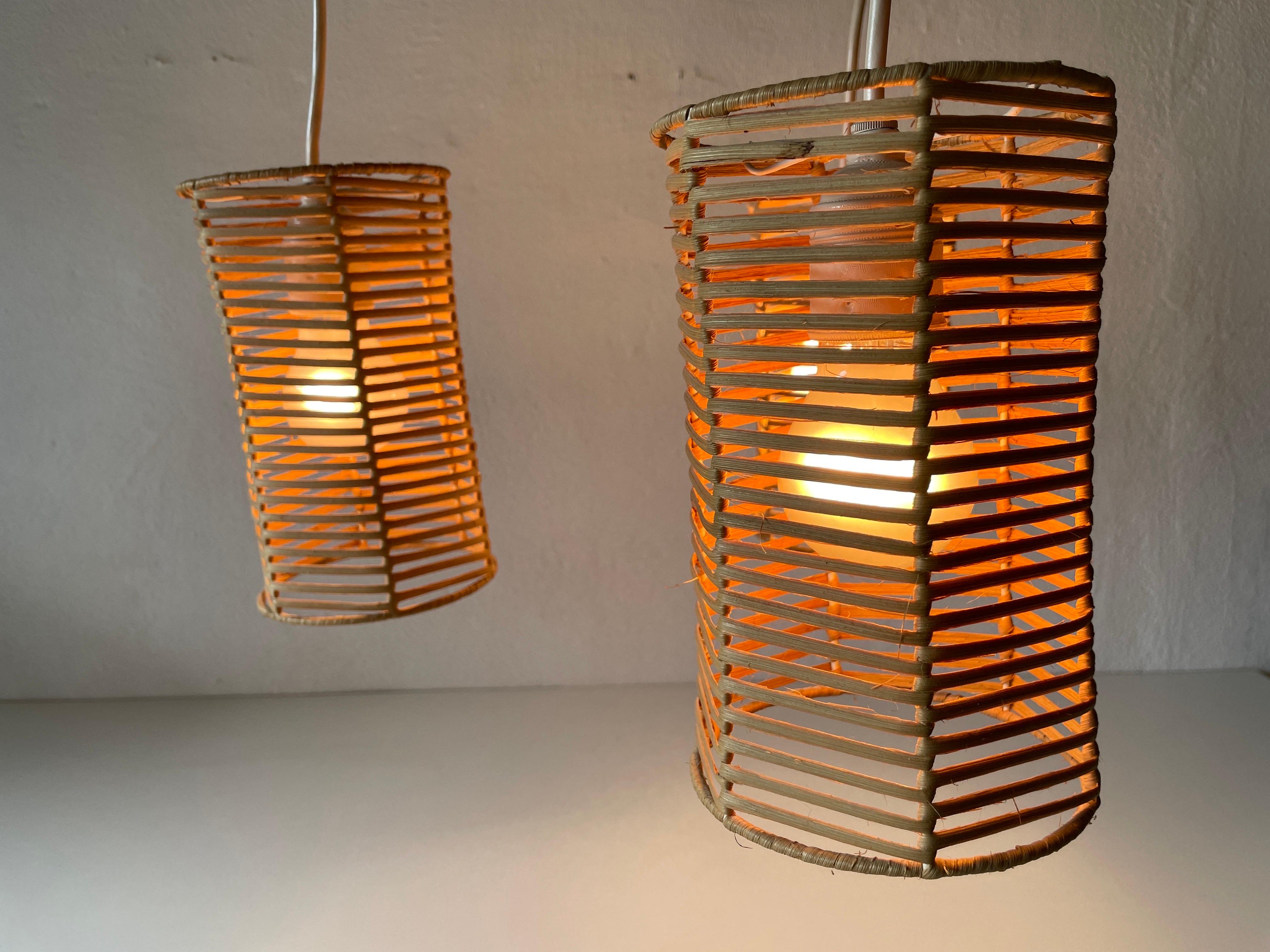 Triple Shade Wicker and Wood Pendant Lamp, 1960s, Germany For Sale 5