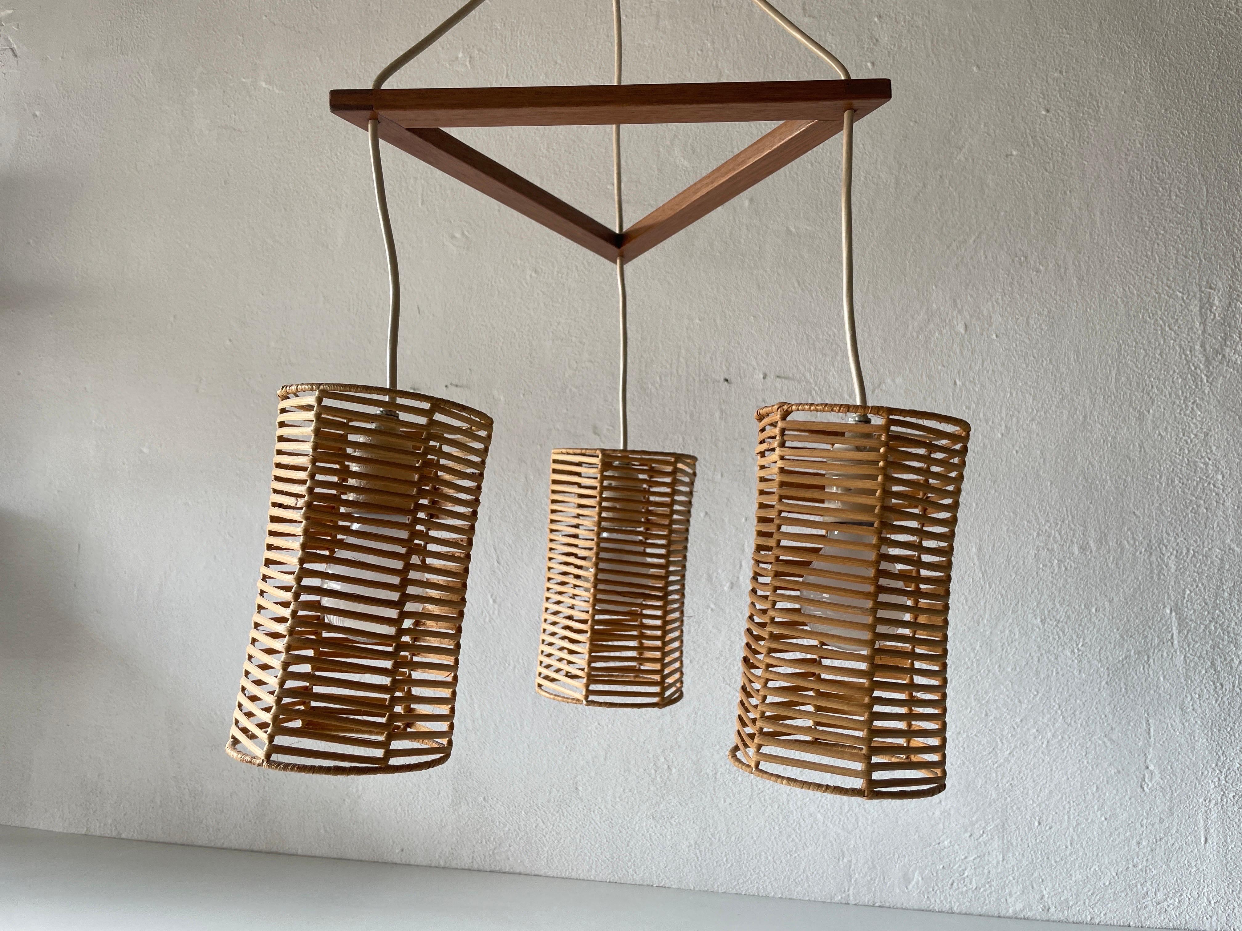 Mid-Century Modern Triple Shade Wicker and Wood Pendant Lamp, 1960s, Germany For Sale
