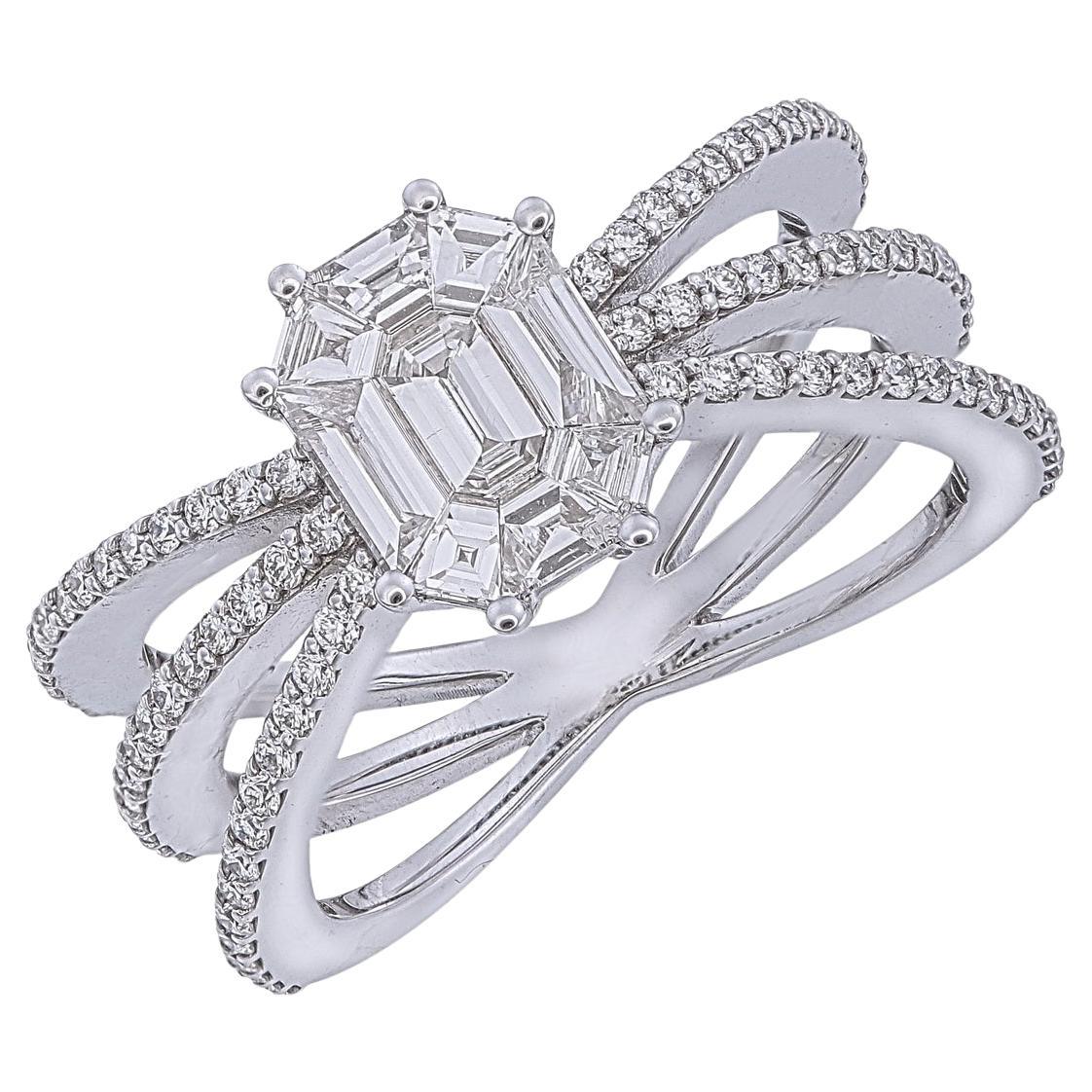 Triple shank with 3 carat face up Invisible set Emerald illusion Piecut diamond For Sale