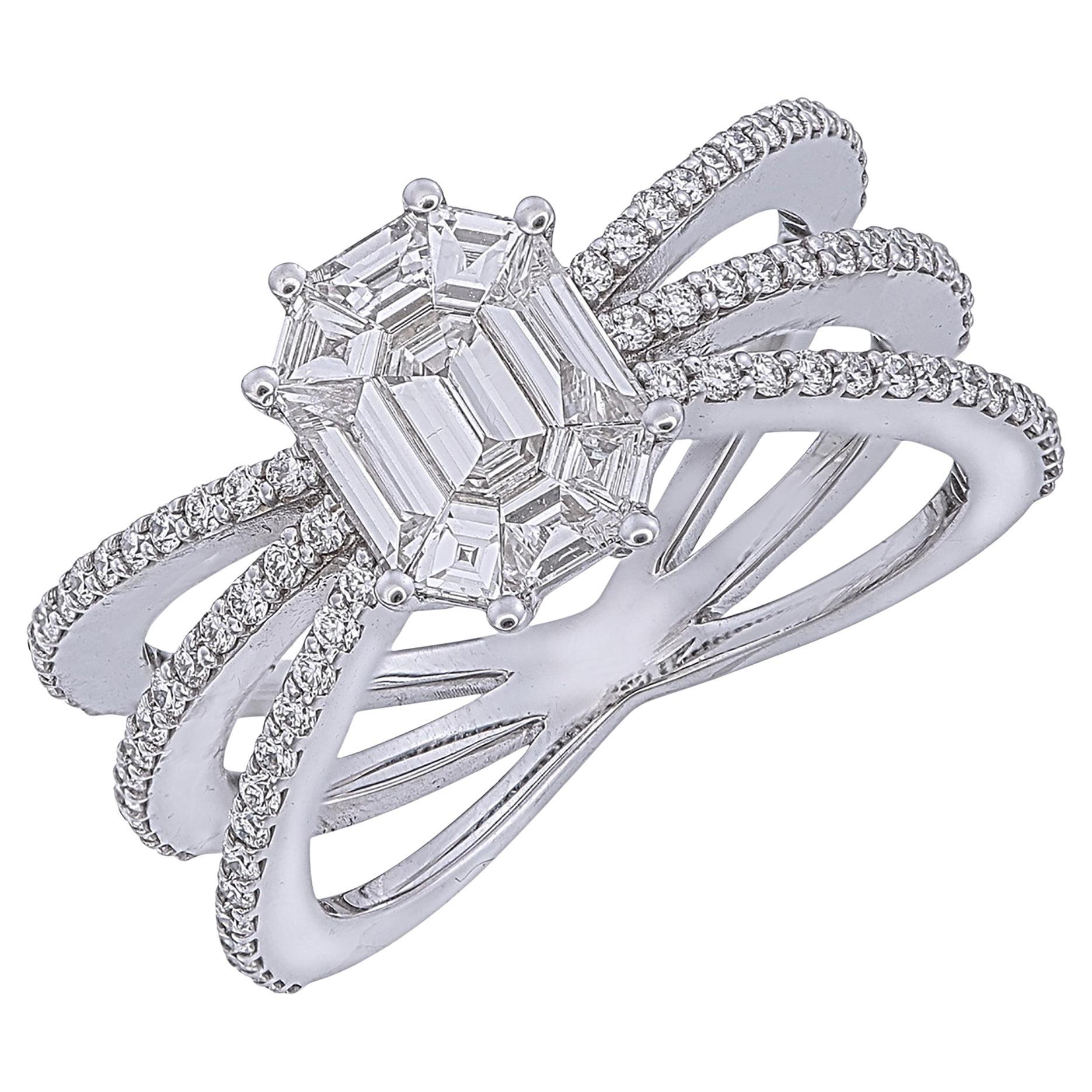 Triple tige avec illusion d'émeraude de 3 carats face à face, sertie invisible, diamant taille pièce