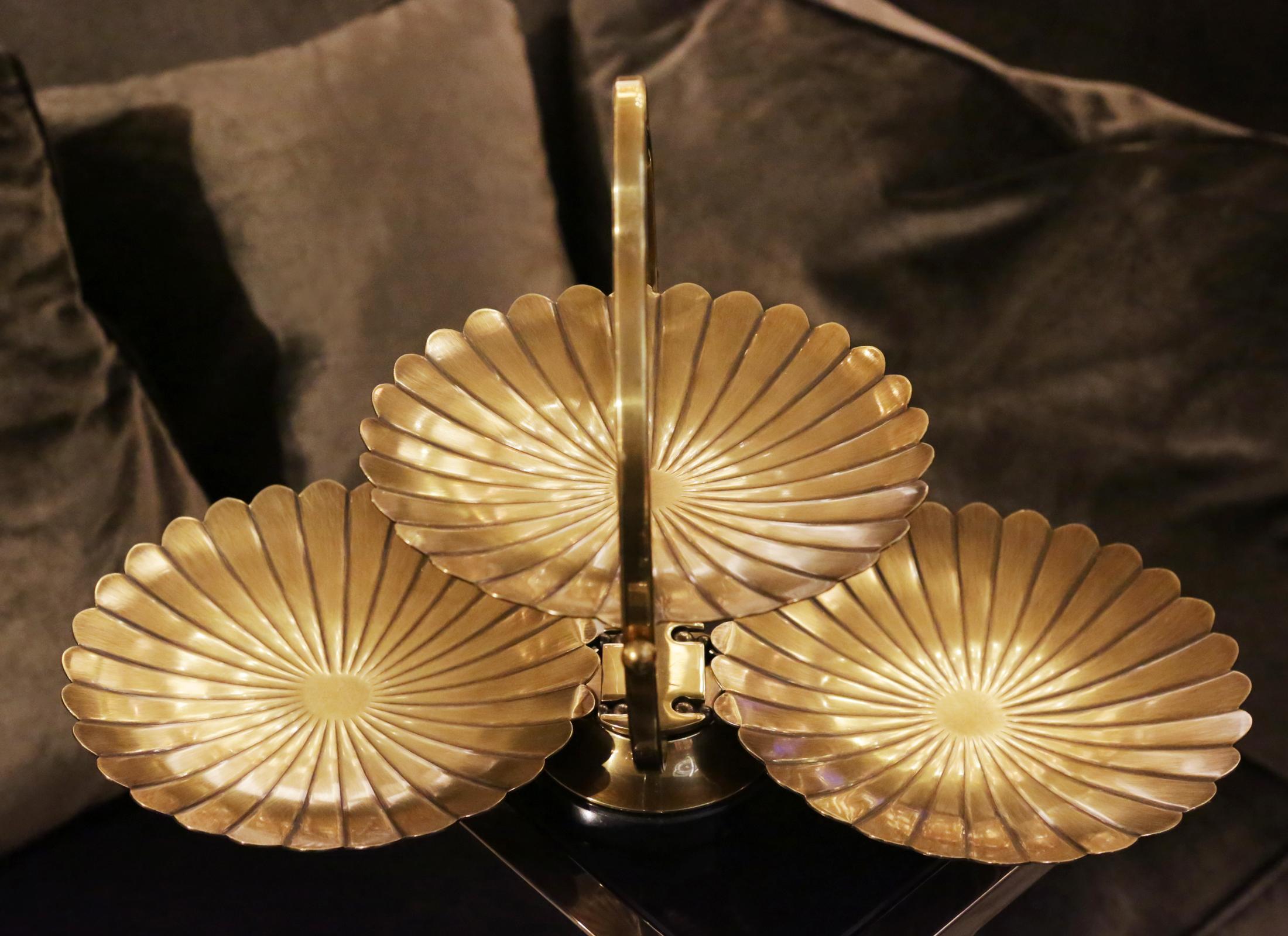 Hand-Crafted Triple Shell Serving Piece in Vintage Brass For Sale