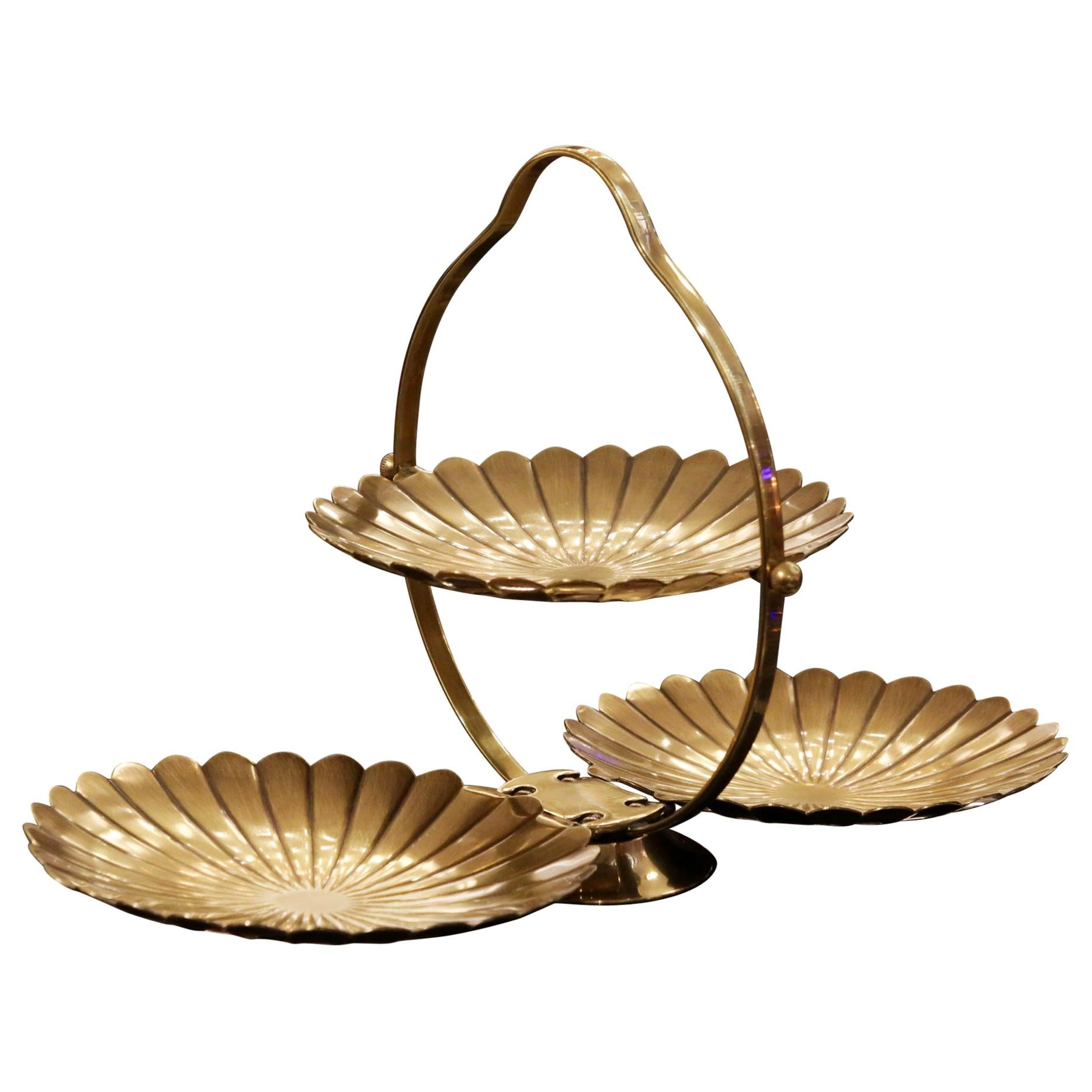 Triple Shell Serving Piece in Vintage Brass For Sale