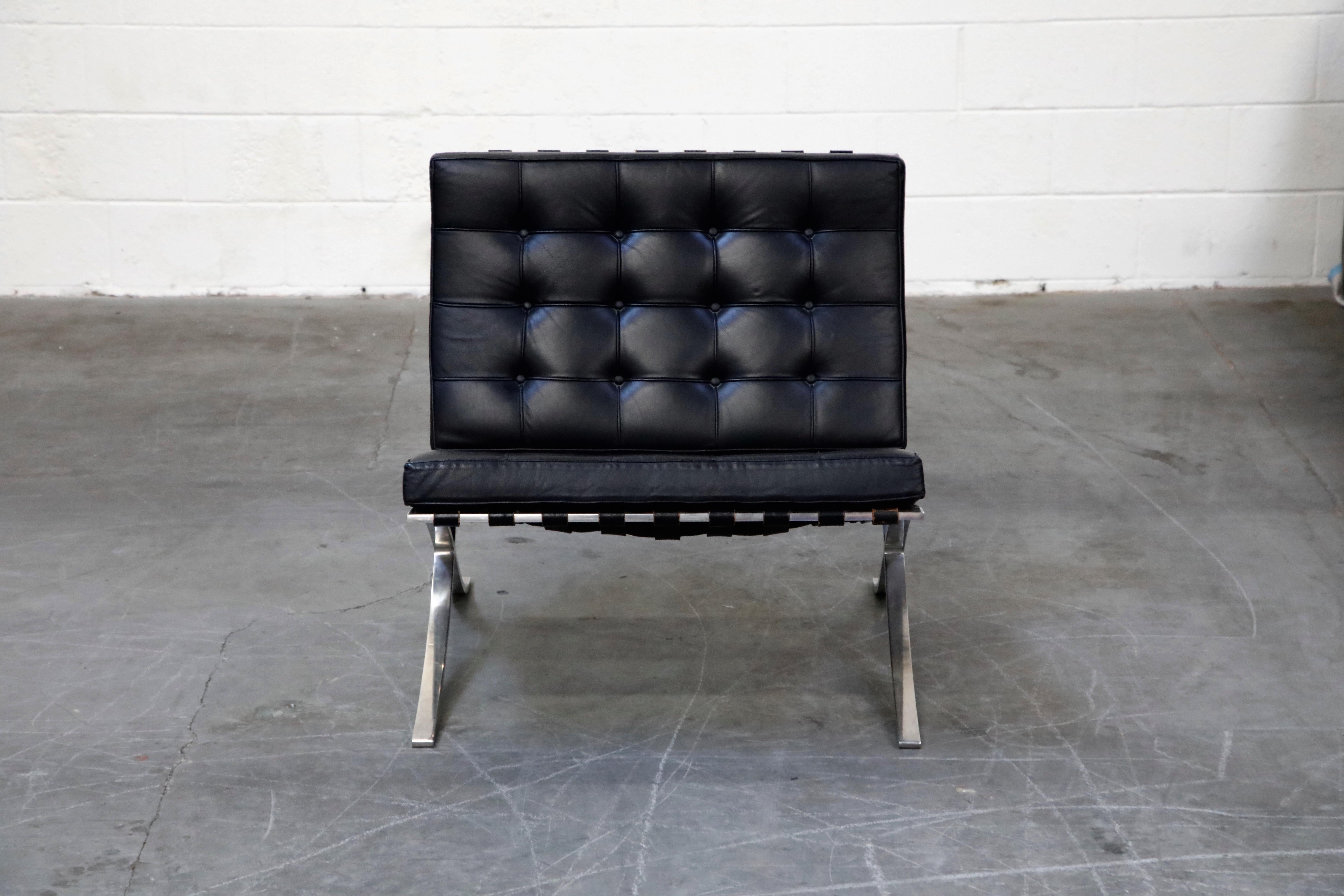 This listing is for a highly sought-after-by-collectors pair (2) of Triple Signed 1st-Generation Knoll Associates Barcelona chairs by Ludwig Mies van der Rohe, circa 1961 in original black leather and matching original black leather straps. 

Being