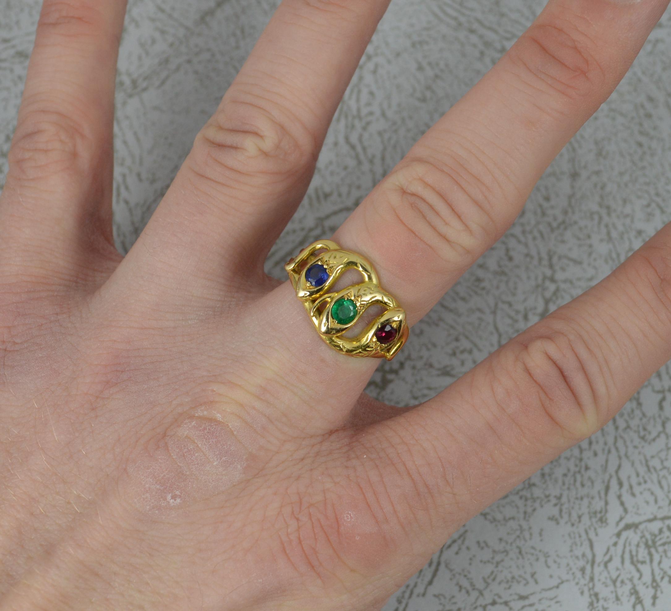 Victorian Triple Snake 18 Carat Gold Ruby Sapphire Emerald Set Ring