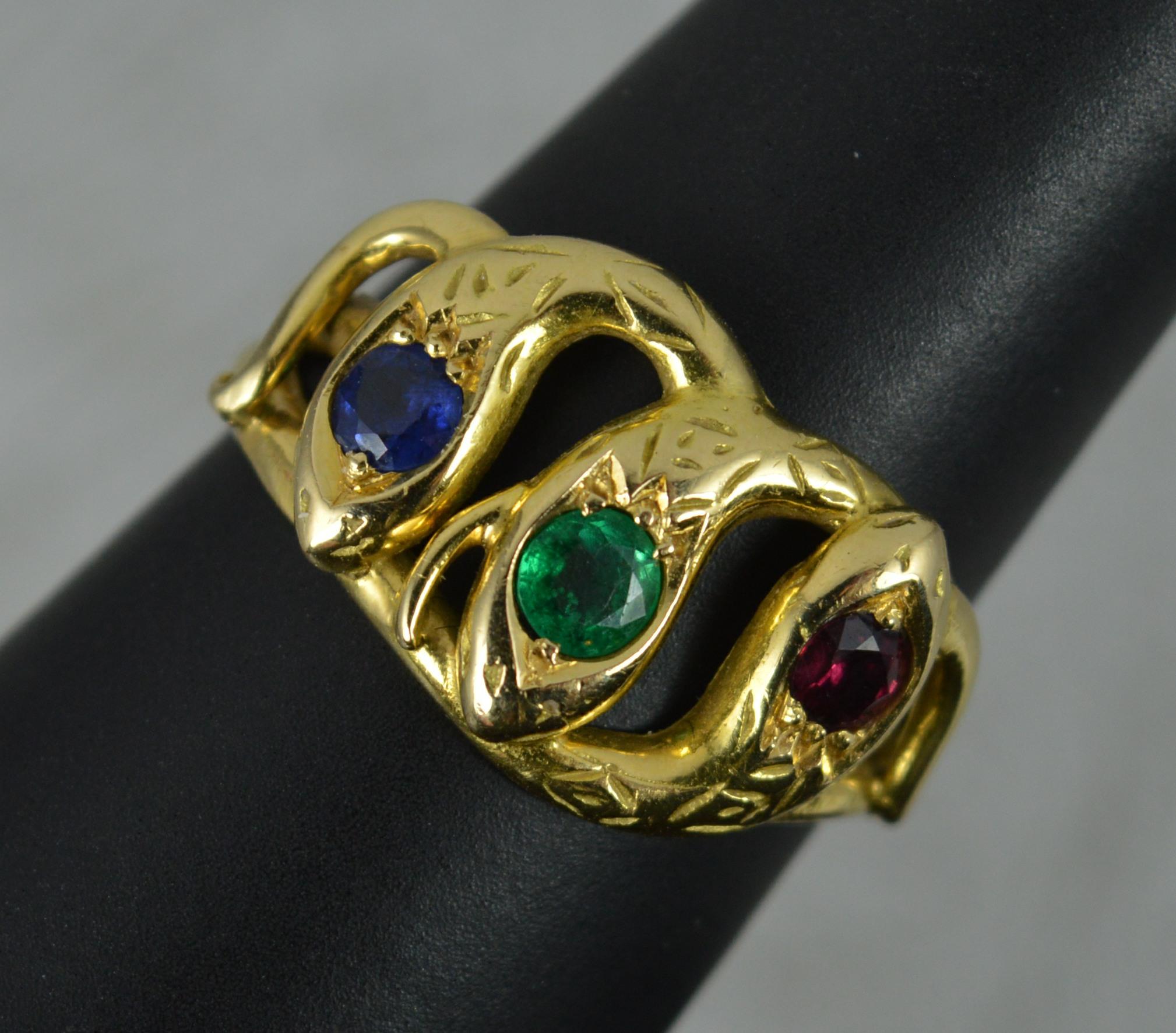 Round Cut Triple Snake 18 Carat Gold Ruby Sapphire Emerald Set Ring
